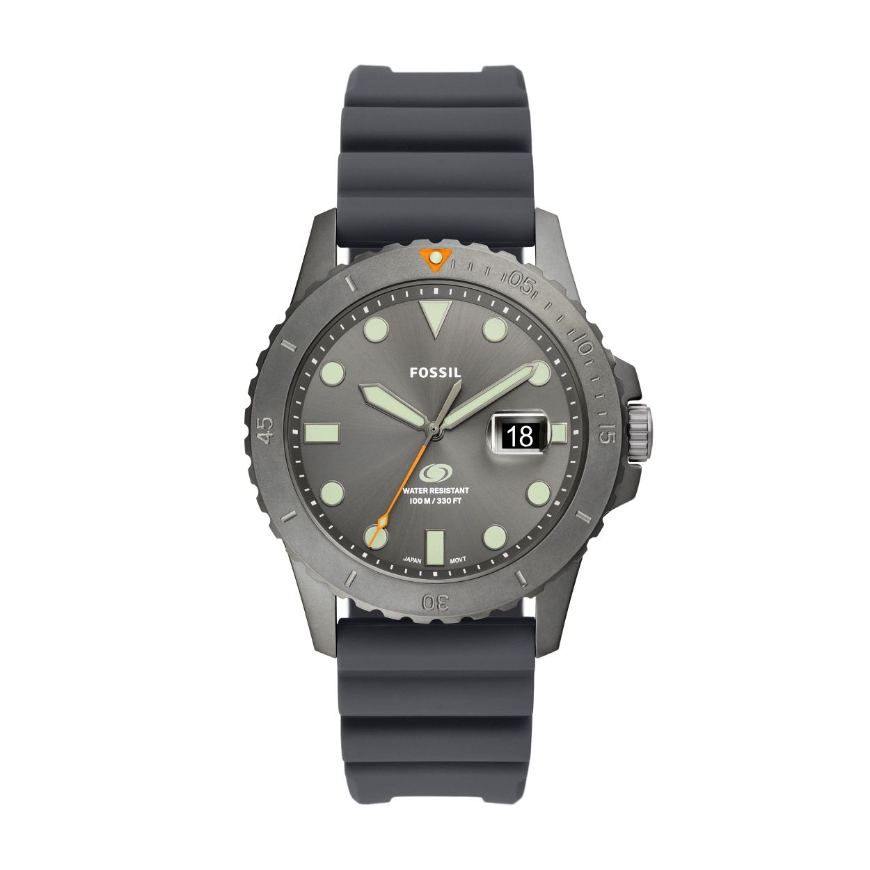 Opzettelijke ontwerpdetails defini�ren onze aloude sporthorlogecollectie, Fossil Blue. Dit veelzijdige horloge heeft een smoke siliconen bandje, dat zwemklaar is, grijze sunray-wijzerplaat met geometrische uuraanduiding, 100�meter waterdichtheid, unidirectionele roterende bovenring en een vergrootkristal over de datum.