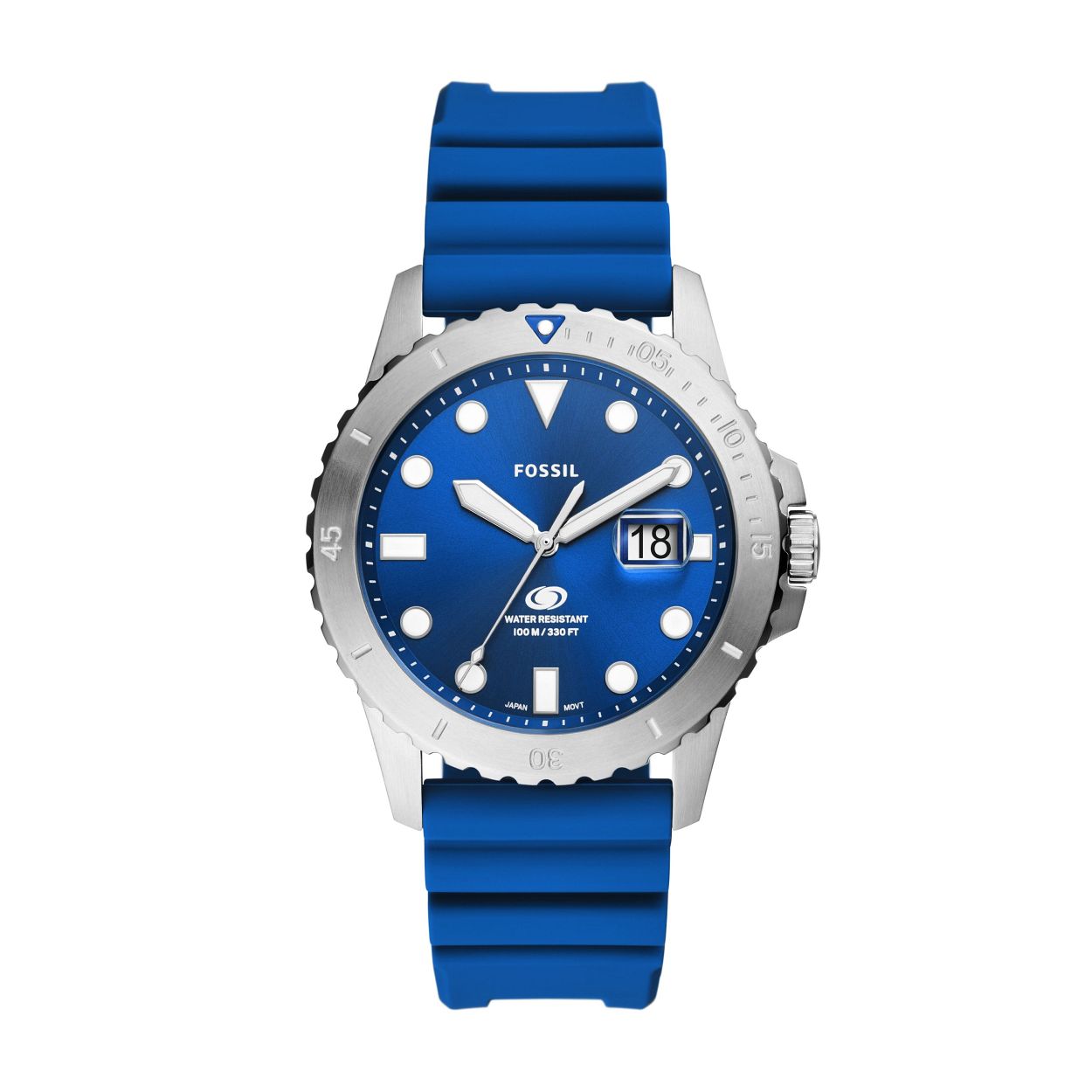 Opzettelijke ontwerpdetails defini�ren onze aloude sporthorlogecollectie, Fossil Blue. Dit veelzijdige horloge heeft een blauw zwemklaar siliconen bandje, bijpassende sunray-wijzerplaat met geometrische uuraanduiding, 100�meter waterdichtheid, unidirectionele roterende bovenring en een vergro over de datum.
