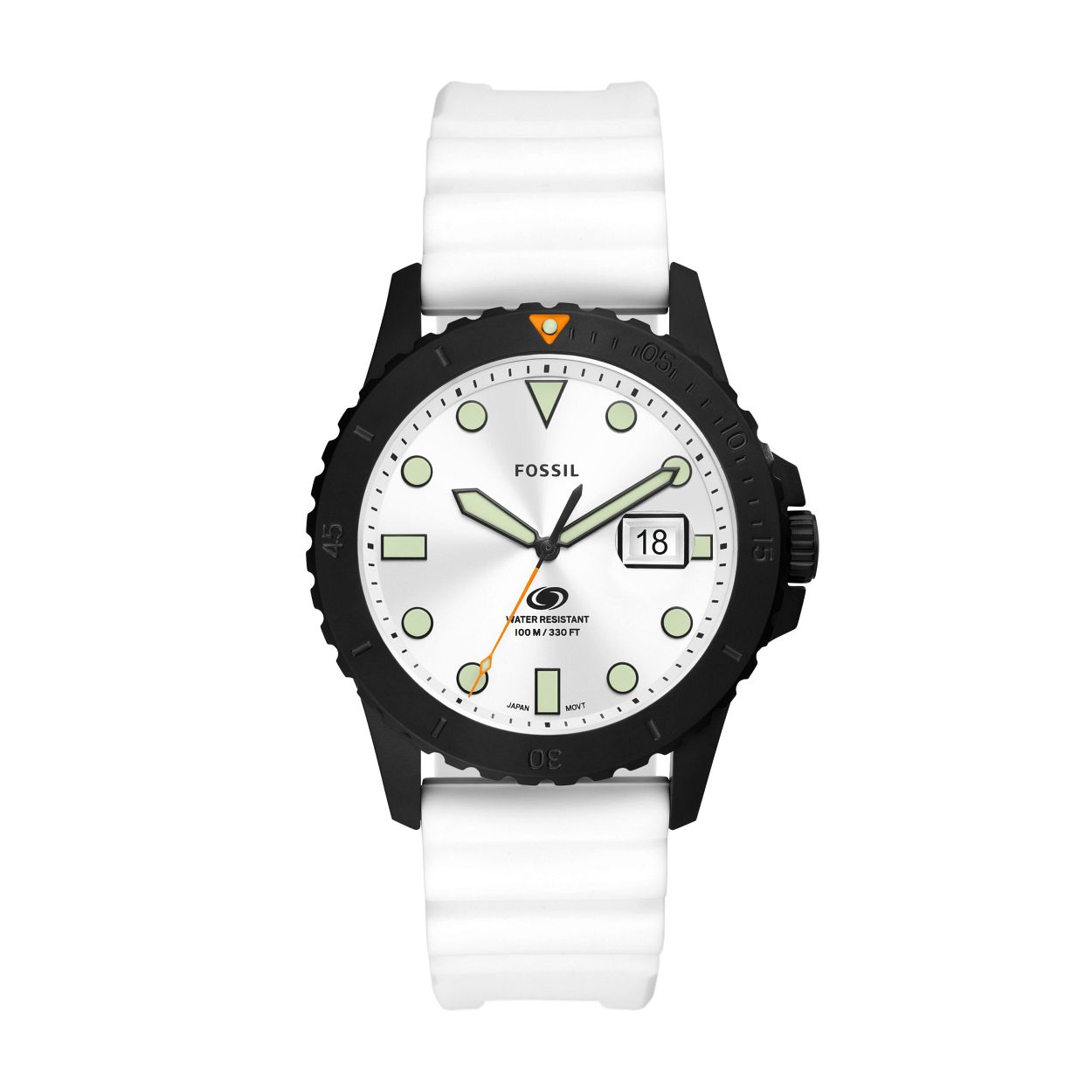 Opzettelijke ontwerpdetails defini�ren onze aloude sporthorlogecollectie, Fossil Blue. Dit veelzijdige horloge heeft een wit zwemklaar siliconen bandje, bijpassende sunray-wijzerplaat met geometrische uuraanduiding, 100�meter waterdichtheid, unidirectionele roterende bovenring en een vergrootkristal over de datum.

