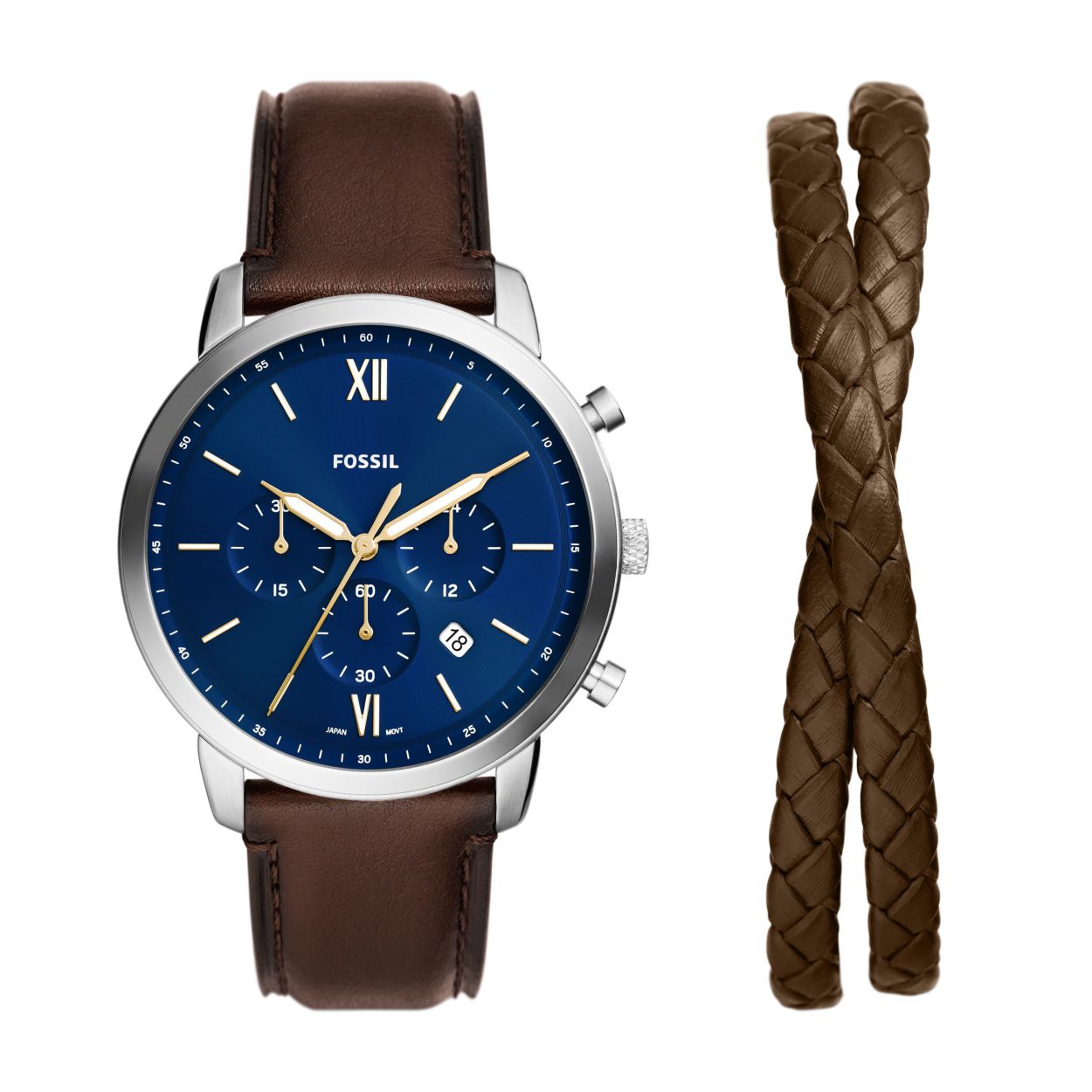 Deze set bevat een chronograaf horloge van 44 mm en een bruin leren armband met meerdere strengen.