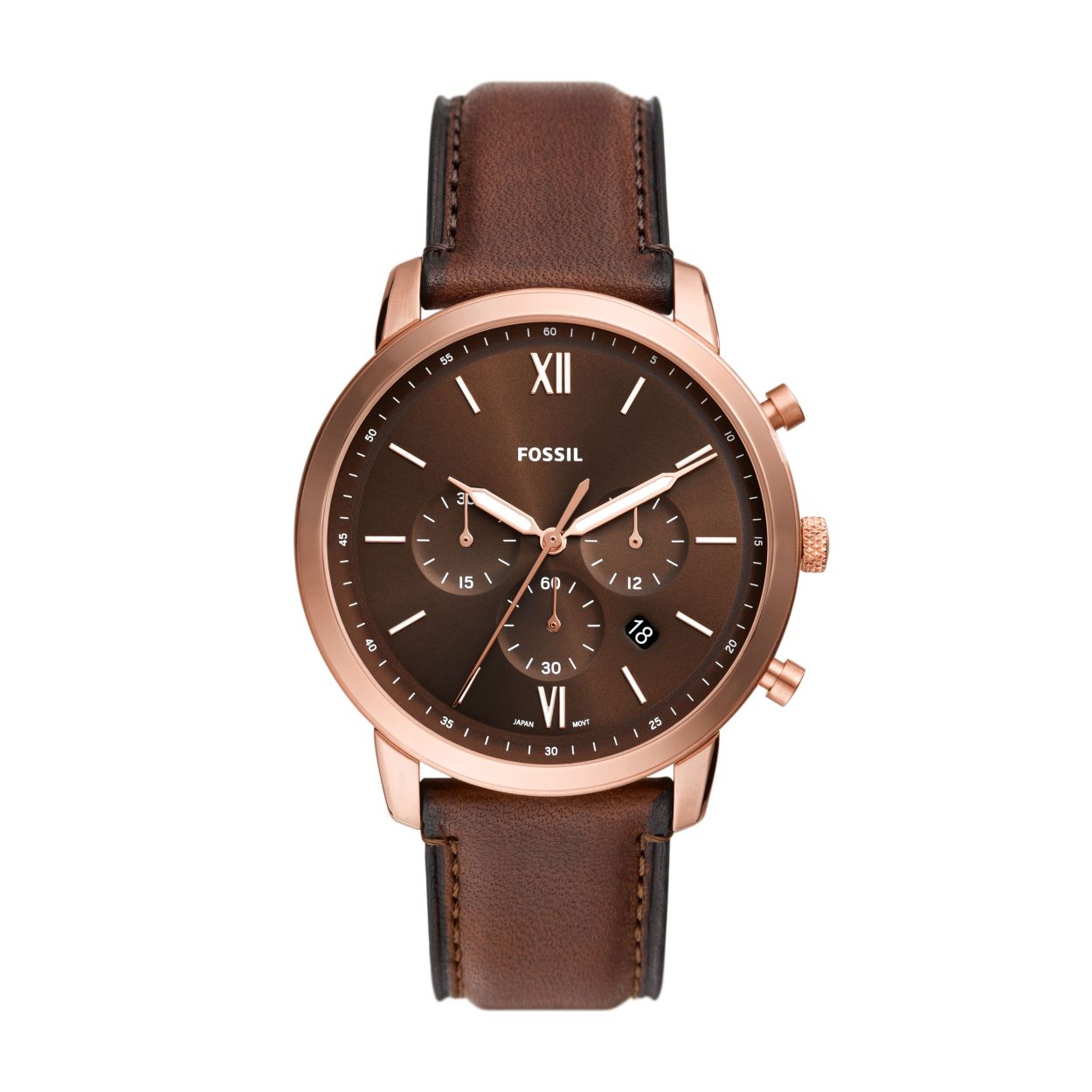 Fossil chronograaf horloge FS6026, rosévergulde kast en bruine band en bruine wijzerplaat