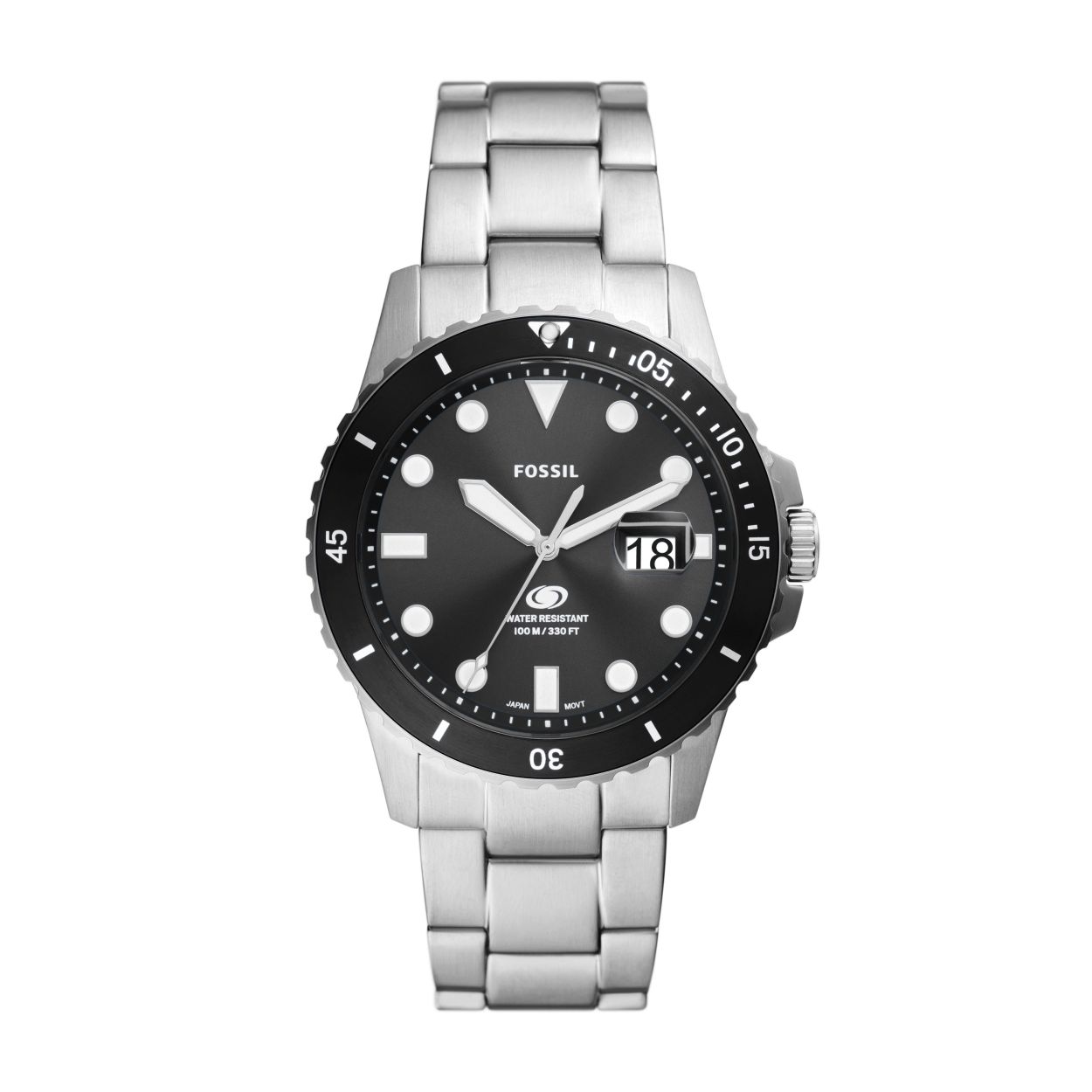 Fossil heren horloge, stalen band en kast, zwarte bezel, zwarte wijzerplaat met witte accenten.