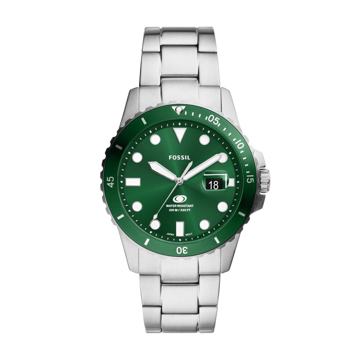 Fossil heren horloge. Stalen band en kast. Groene wijzerplaat met de datum op drie.