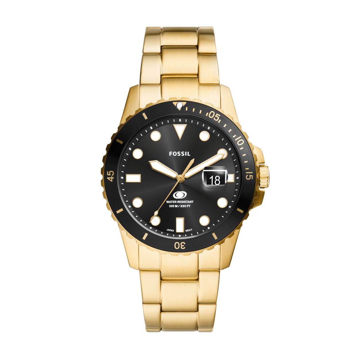 Doelbewuste ontwerpdetails definiëren onze aloude horlogecollectie, Fossil Blue Dive. Dit goudkleurige polshorloge in duikstijl is vakkundig gemaakt met een roestvrijstalen mesh armband met 3 schakels, geometrische uur-aanduidingen en een uni-directionele roterende bovenring. Getest op 10 bar waterbestendigheid. *Niet ISO-gecertificeerd.