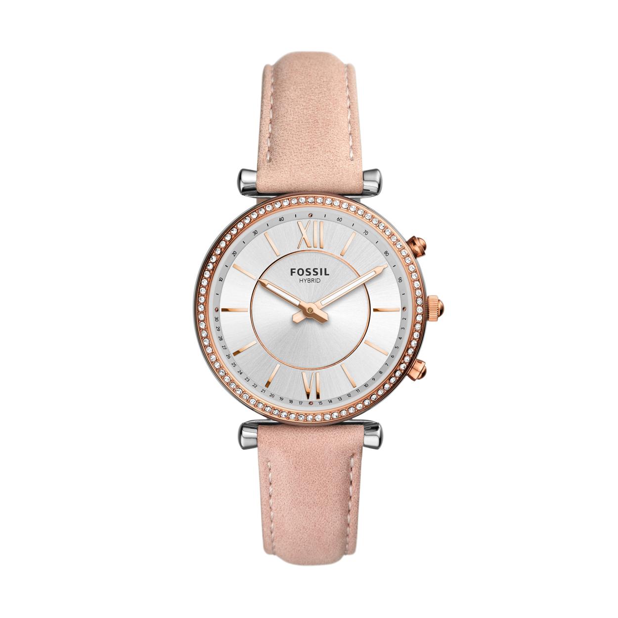 Dit Fossil horloge heeft een edelstalen kast en een lederen band.
