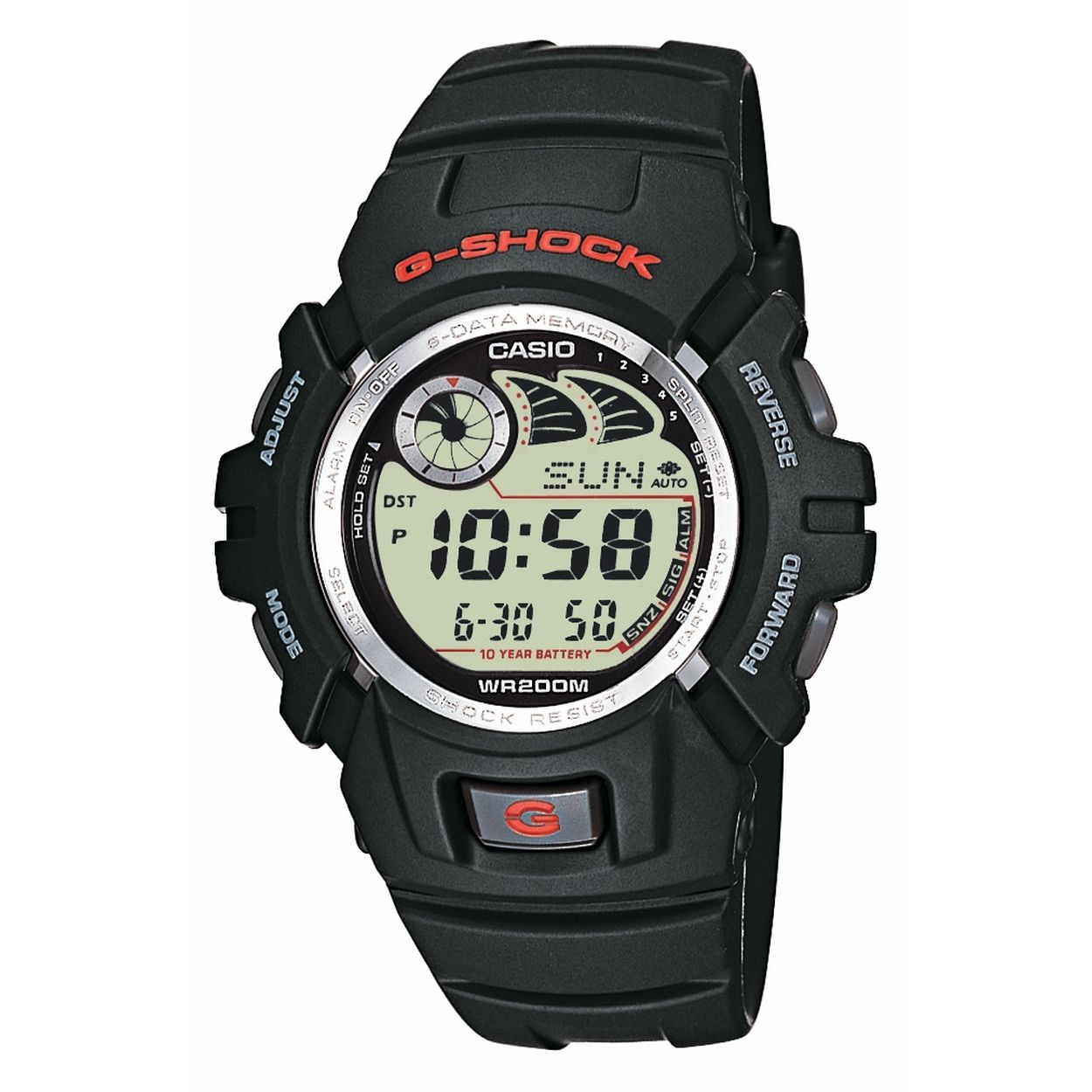 Dit horloge van Casio komt uit de collectie: G-SHOCK Classic. Dit horloge heeft de volgende functies: Automatische illuminator, 5 multi-alarmen, elk uur tijdsignaal, Automatische kalender, 12/24-uurs tijdweergave, Schokbestendig, Stopwatchfunctie - 1/100 sec. - 24 uur, Snoozefunctie, Snoozefunctie, Wereldtijden