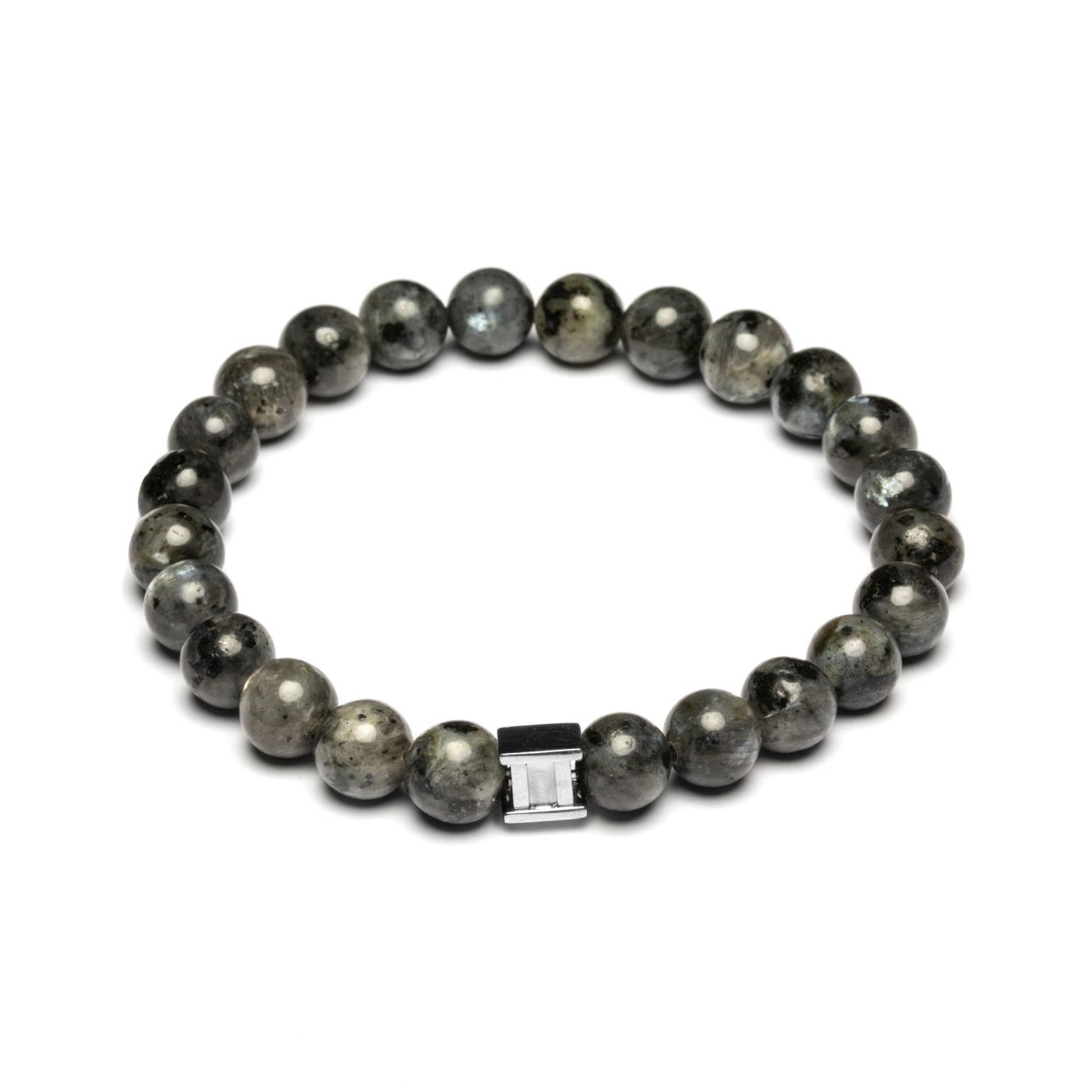Dit is een Gemini Gem Grey Wolf L mannenarmband. Deze heeft een larvikite steen.