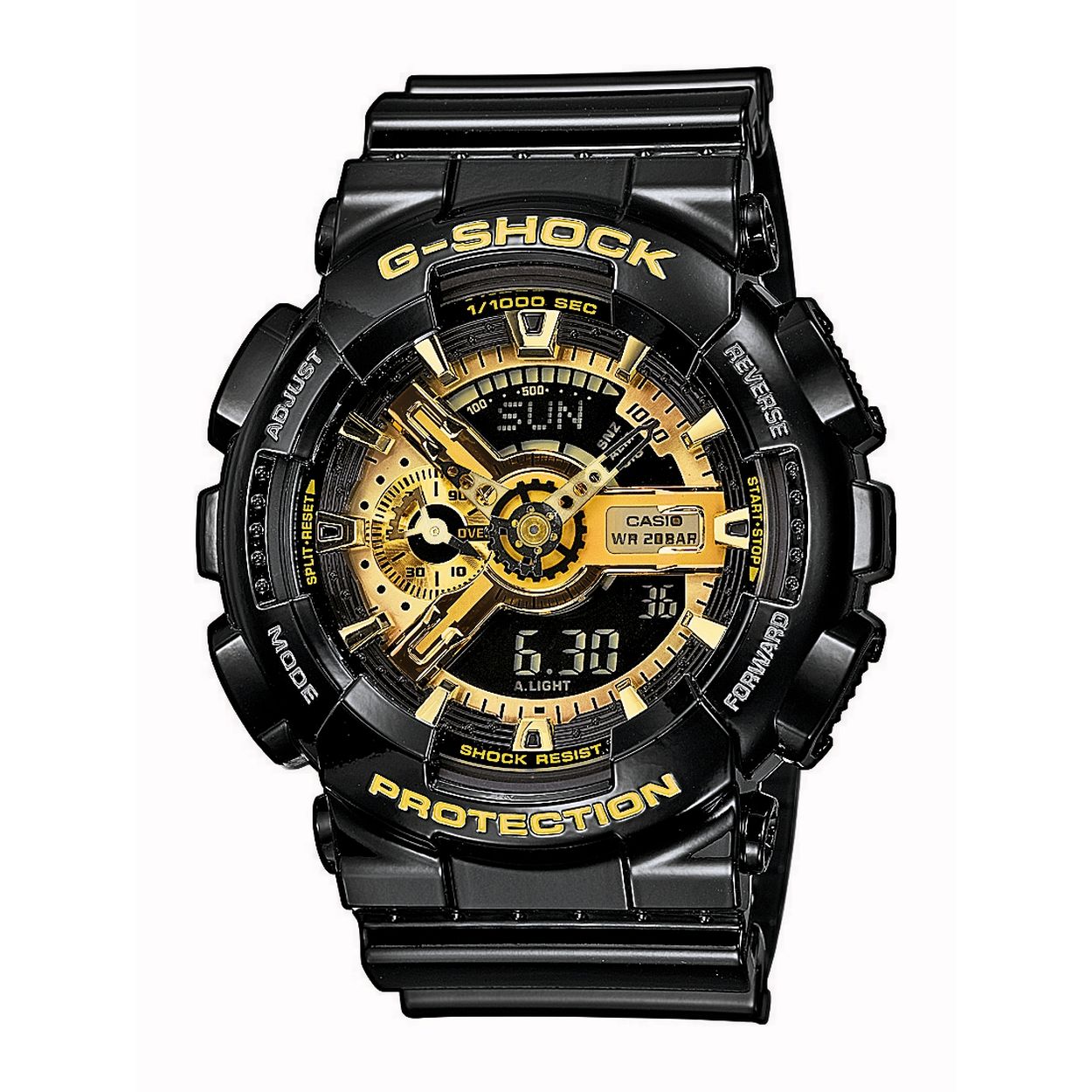 Een model uit de G-SHOCK Black and Gold-serie, waarmee het streven naar robuustheid wordt voortgezet. Gebruikt de GA-110 als basismodel, dat originele functies en een origineel ontwerp heeft. Het is uitgerust met een snelheidsmeter en heeft een driedimensionaal ontwerp met kleine onderdelen in lagen. De kleur is energiek glanzend goud op een typisch rustieke, volledig zwarte G-SHOCK-behuizing. De glanzende lak over de hele behuizing en de structuur van de spiegelbehandeling zorgen samen voor een prachtig, cool ontwerp. Een G-SHOCK die technologie combineert met een geavanceerd ontwerp.