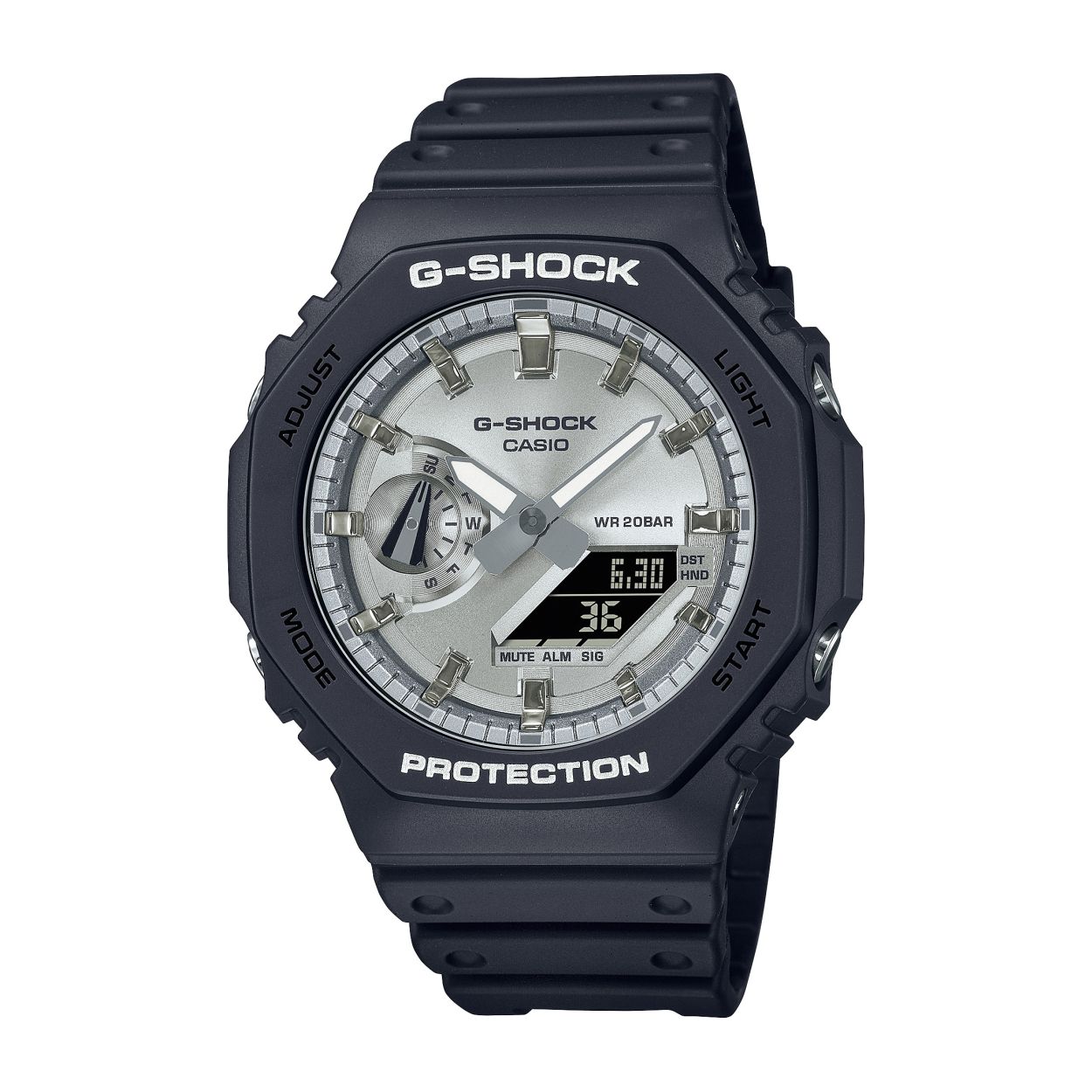 Ga voor metaal in coole, gerafineerde kleuren met deze slanke GA-2100 die is geïnspireerd op het ontwerp van de allereerste G-SHOCK ooit.

Glanzend gepolijste metallic kleuren komen samen met de iconische achthoekige vorm van de DW-5000C, de originele G-SHOCK. Dit sterke horloge combineert digitale en analoge technologie en is van de rand tot aan de onderkant van de kast maar 11,8 mm dik. Een slank ontwerp met de beroemde robuuste G-SHOCK constructie.

De wijzerplaat is prachtig afgewerkt met een cirkelvormige haarlijn afwerking. Net als de indexmarkeringen is hij behandeld met een goudkleurige dampafzetting. Voeg daar een rand en band in glanzend zwart aan toe, en je hebt een horloge dat even opvallend als elegant is.
