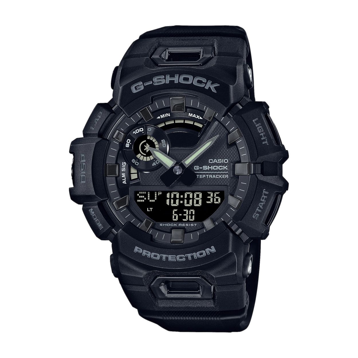 Casio G-Shock horloge: Analoog/digitaal. Zwart matte band en kast. Bluethoot, stopwatch wereldtijden en alarm. Stappenteller.