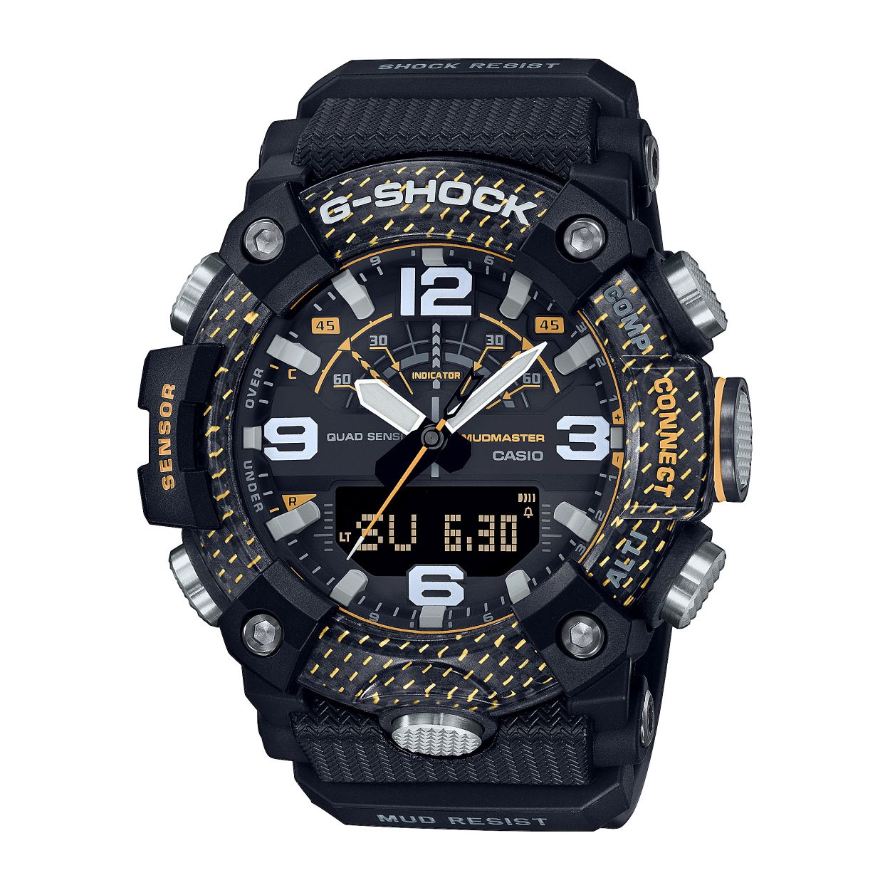 Overwin zwaar terrein en trek de aandacht met een robuust uurwerk met een gedurfd, opvallend kleurenschema. Speciale MASTER of G-horloges zijn ontworpen om zelfs in de zwaarste omstandigheden te werken en brengen tijdregistratie naar nieuwe hoogten met een robuust ontwerp dat wordt geaccentueerd in het heldere geel dat wordt gebruikt bij noodgevallen. De GG-B100 MUDMASTER is gemaakt van stevige koolstof in de kast om schade en vervorming te voorkomen, en die voor een hoge luchtdichtheid en schokbestendigheid zorgt. Dit uurwerk bevat ook een filter dat beschermt tegen het binnendringen van modder, een paneel op de achterkant van roestvrij staal en een achterkant van schokbestendig fijn hars met glasvezel, waardoor het een hoge mate van weerstand tegen stof en modder biedt. De rand bestaat ook uit drie lagen fijn hars met inzetstukken van koolstofvezel. Dit stoere, robuuste ontwerp wordt geaccentueerd in fel geel. Dit praktische en functionele horloge is uitgerust met een digitaal kompas, hoogtemeter/barometer, thermometer en stappenteller. U kunt eenvoudig de tijd corrigeren met de speciale G-Shock-app en veel andere handige functies gebruiken, zoals de Mission Log-functie, die automatisch hoogtegegevens van de app vastlegt die zijn verkregen met het horloge en routegegevens die zijn verkregen met uw smartphone.