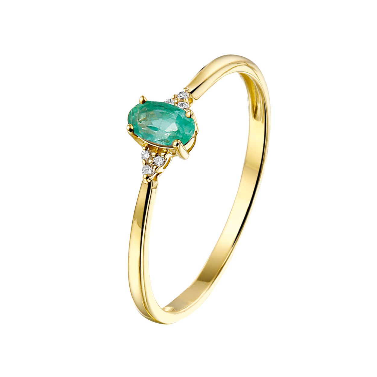 De 14 karaats gouden ring met smaragd  is een elegante keuze. De ring is vervaardigd uit glanzend goud en heeft een ovale smaragd van 0.22 karaat, zuiverheid SI1. Draag deze tijdloze ring voor speciale gelegenheden of als verfijnd dagelijks ring.