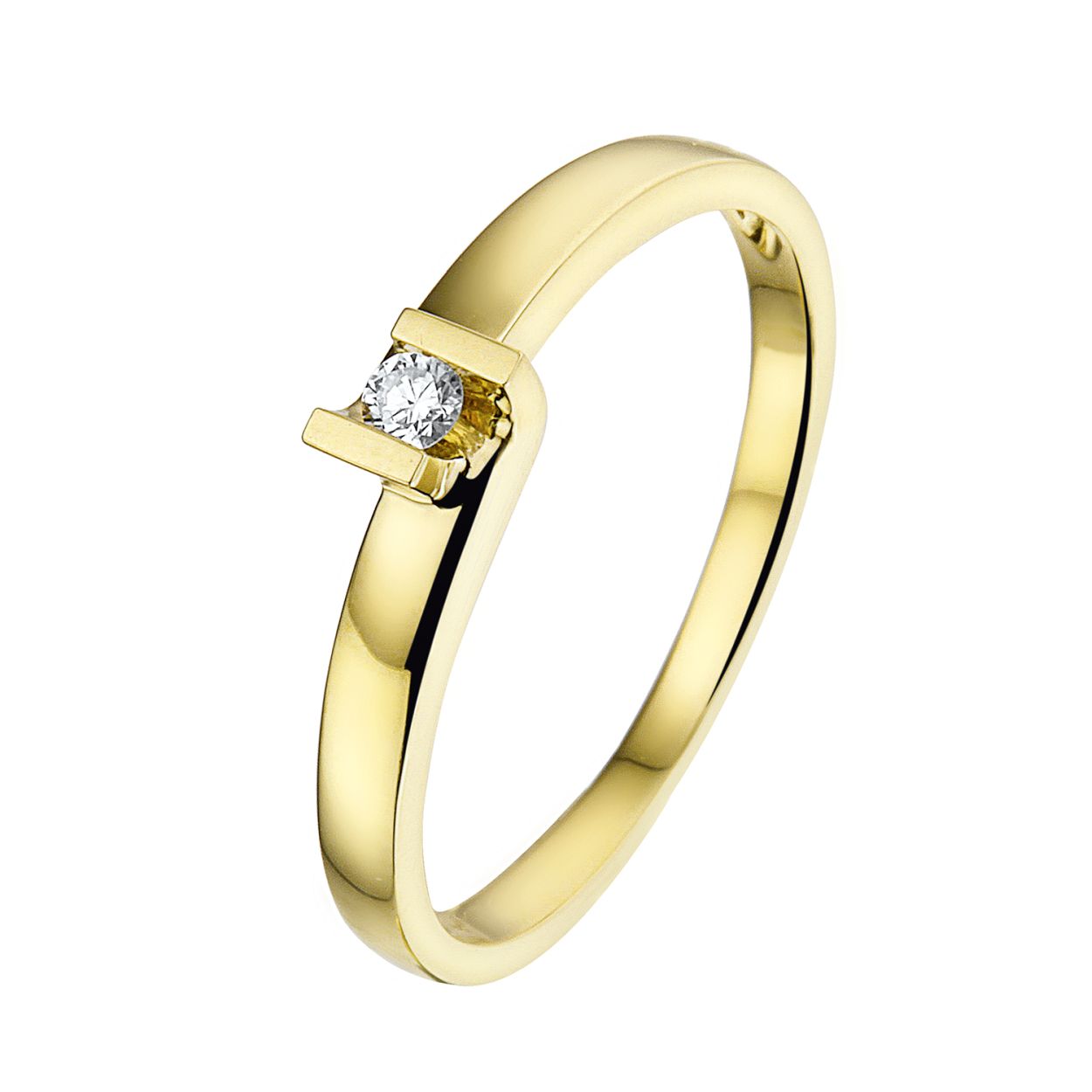 Deze prachtige 14 karaat gouden ring, model GGF0052, pronkt met een briljant geslepen diamant van 0,04 caraat. Ideaal als verlovingsring, zijn ontwerp straalt elegantie uit. Met een comfortabele maat 54 en een glanzende gouden afwerking, is deze ring perfect voor speciale gelegenheden. 