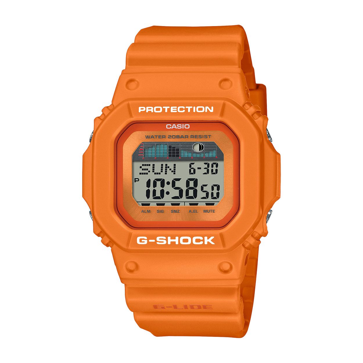 Dit is een Casio horloge uit de collectie G-SHOCK Classic. 
Dit horloge heeft de volgende specificaties: 

Kast: 
Kastmateriaal: Kunststof Kast
Kasthoogte: 46.7 mm
Kastbreedte: 43.2 mm
Kastdikte: 12.7 mm

Band: 
Sluiting: Gesp
Bandmateriaal: Resinarmband

Overige specificaties: 
Gewicht: 53 gram
Glassoort: Mineraalglas
Waterdichtheid: Classificatie waterbestendigheid (20 bar)
3 multifunctionele alarmen
Batterijduur: 7 jaar - 1 batterij
Automatische illuminator
Displayflitser
Automatische kalender
12/24-uurs tijdweergave
Maanfasen
Getijdenindicator
Knopgeluiden aan/uit
Schokbestendig
Stopwatchfunctie - 1/100 sec. - 24 uur
Zeiltimer (akoestische afloopsignaalgever)
Timer - 1/1 min. - 24 uur (met aut. herhaling)
Snoozefunctie
Wereldtijden
Batterij: CR2025
ACCURATIE: +/- 15 sec