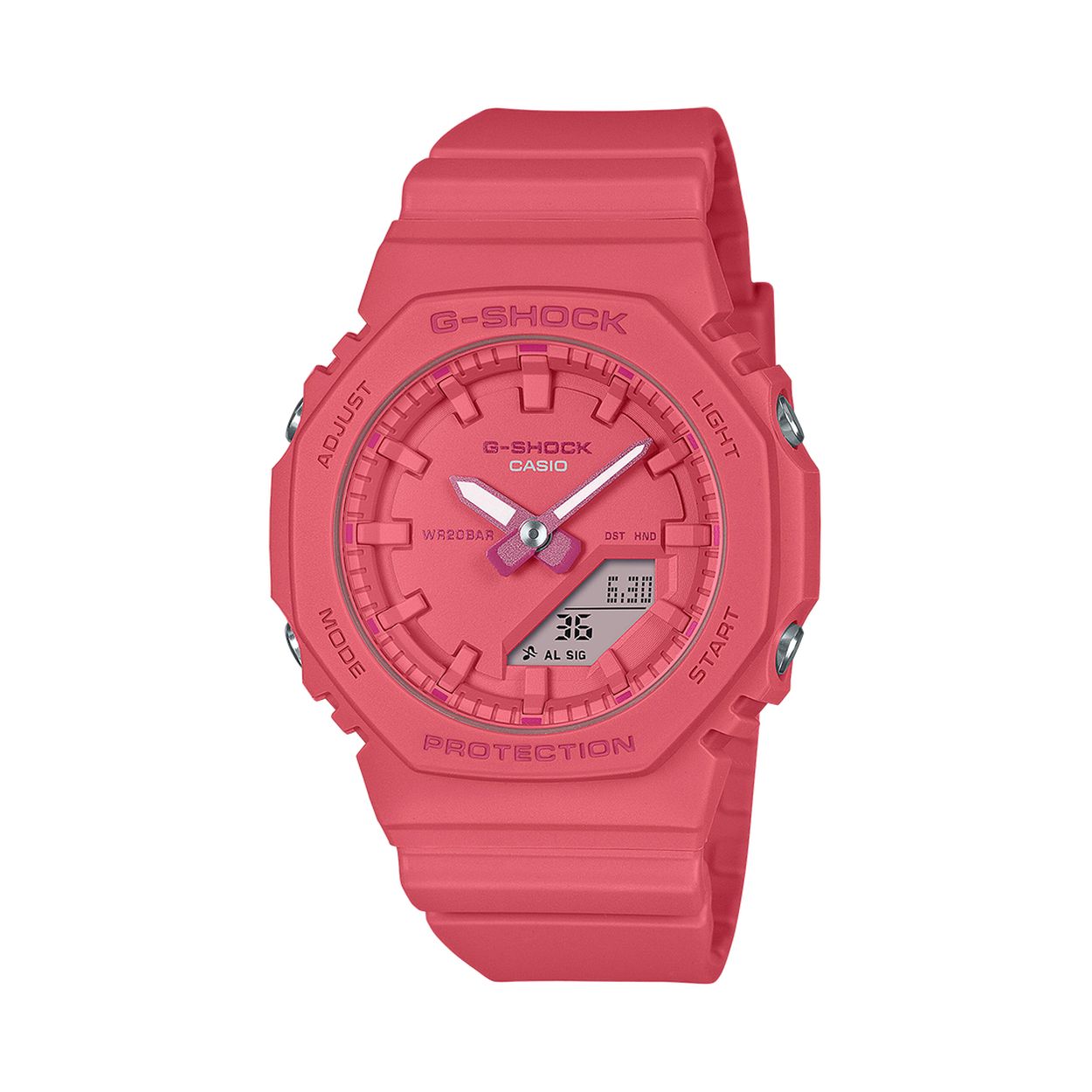 De Casio G-shock GMA-P2100-4AER is een stijlvolle en veelzijdige horloge. Kenmerken zijn: quartz uurwerk, analoog-digitaal display, datumfunctie, waterbestendigheid tot 20 bar, en antiallergisch ontwerp. Het roze kunststof-siliconen design met mineraal glas maakt het een opvallend accessoire. Perfect te dragen als polshorloge bij casual kleding. Gewicht: 40g, maat: 40,2 mm en nikkelvrij.