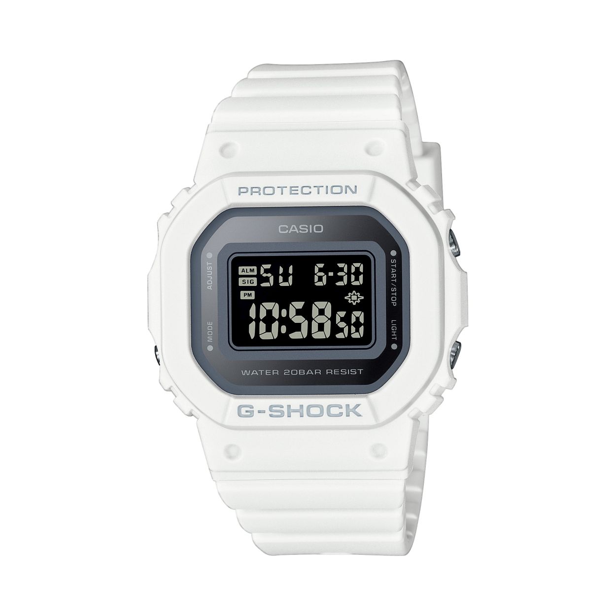 Maak kennis met de iconische G-SHOCK-horloges uit de 5600-serie, nu in een slank, compact formaat dat eenvoudig te dragen is. De dampafzetting van het glas zorgt voor een metallic wijzerplaat met een unieke uitstraling, geaccentueerd met metalen knoppen aan de zijkant en gesp voor een verfijnde, speciale look. Met de indicatoren voor de eenvoudige modus op de draaiknop gekoppeld aan de platte band, hebt u alles wat u nodig hebt om een originele statement te maken met dit elegante, gestroomlijnde ontwerp.

De eigenschappen/specificaties van dit horloge zijn als volgt:
- Superilluminator
- Schokbestendig
- Displayflitser
- Stopwatchfunctie - 1/100 sec. - 24 uur
- Timer - 1/1 sec. - 24 uur (met aut. herhaling)
- Multi-alarm, elk uur tijdsignaal
- Automatische kalender
- 12/24-uurs tijdweergave
- Mineraalglas
- Kunststof Kast
- Resinarmband
- Gesp
- Classificatie waterbestendigheid (20 bar)