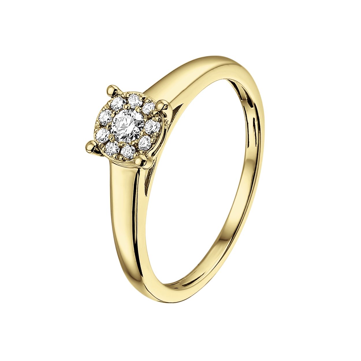Deze prachtige diamanten damesring heeft een schitterende ronde diamant in het midden, omringd door kleinere diamanten voor een glamoureuze uitstraling. De ring is gemaakt van hoogwaardig 14-karaats witgoud en is perfect voor speciale gelegenheden of als dagelijks accessoire. Draag deze ring aan je ringvinger voor een elegante touch aan elke outfit. Een tijdloos en stijlvol sieraad voor elke vrouw.