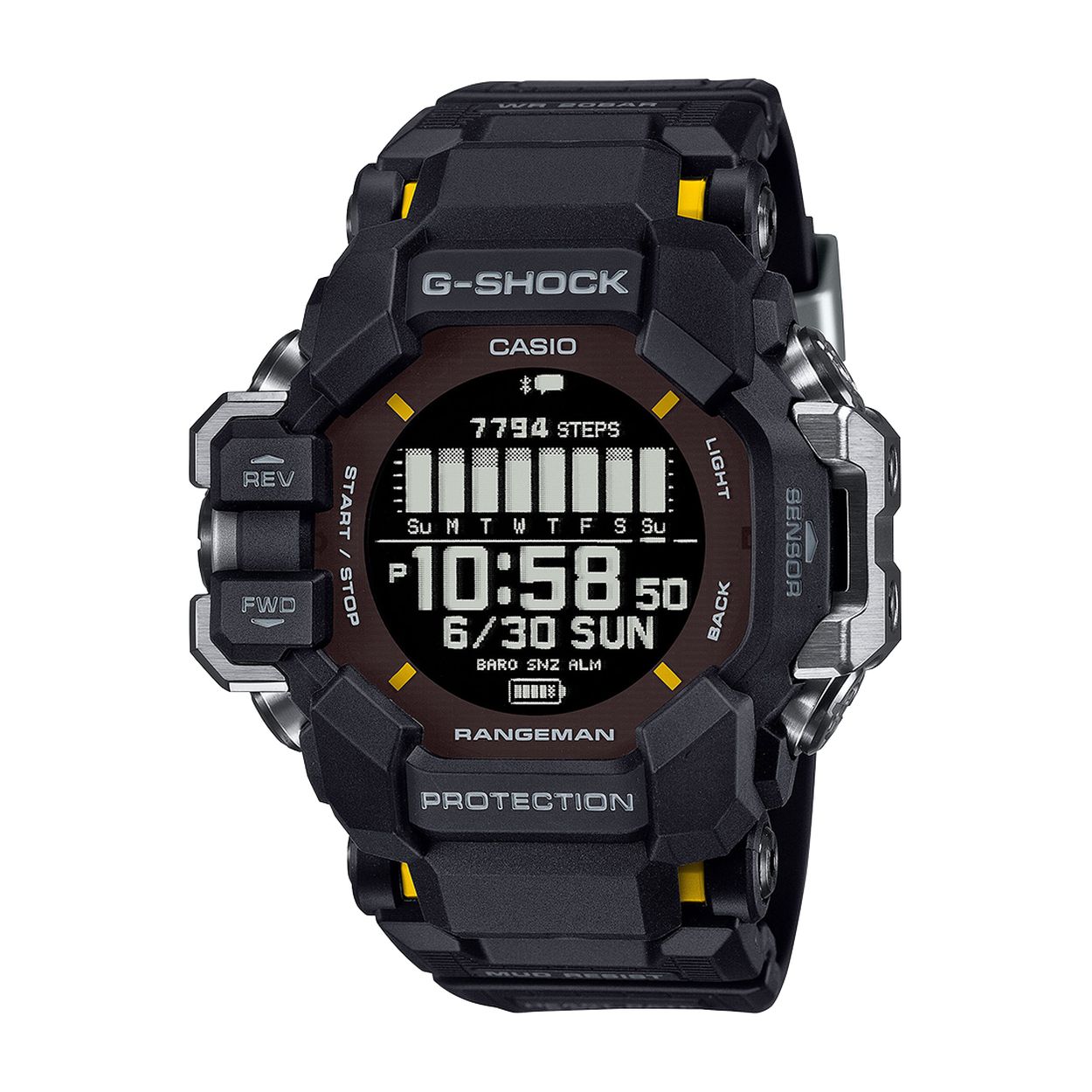 Verken uitdagend terrein met een betrouwbaar horloge dat net zo sterk is als jij!
De RANGEMAN GPR-H1000 uit de MASTER OF G-serie is speciaal ontworpen voor gebruik in extreme buitenomstandigheden. Dankzij de vuilafstotende structuur behoudt het horloge zijn prestaties in omgevingen met fijn stof en vuil en trotseert het zelfs ongunstige weersomstandigheden - perfect voor iedereen die graag buiten is.

Deze krachtige G-SHOCK heeft een geïntegreerde hartslagmeter, GPS-functie en een contrastrijk, goed afleesbaar LCD-display met Memory-in-Pixel (MIP)-technologie. De behuizing is uitgerust voor alle avonturen, want hij wordt beschermd door grote metalen onderdelen aan de zijkanten, die zowel de GPS-antenne als de zes interne sensoren afschermen.

Terwijl de trekking functie je hartslag en trainingsvoortgang meet, kun je je watersportactiviteiten optimaal plannen met de getijdengrafiek. Het beste van alles is dat al deze handige functies niet ten koste gaan van het comfort. De zachte urethaan band voelt comfortabel aan en is gemakkelijk te sluiten, zelfs met natte vingers.

De kast, bezel en band zijn gemaakt van bio-based hars, een duurzame materiaalkeuze. Het silhouet van een wilde kat dat op het bandje is gegraveerd benadrukt de RANGEMAN spirit van de MASTER OF G-serie. Maak je klaar, je volgende uitdaging wacht