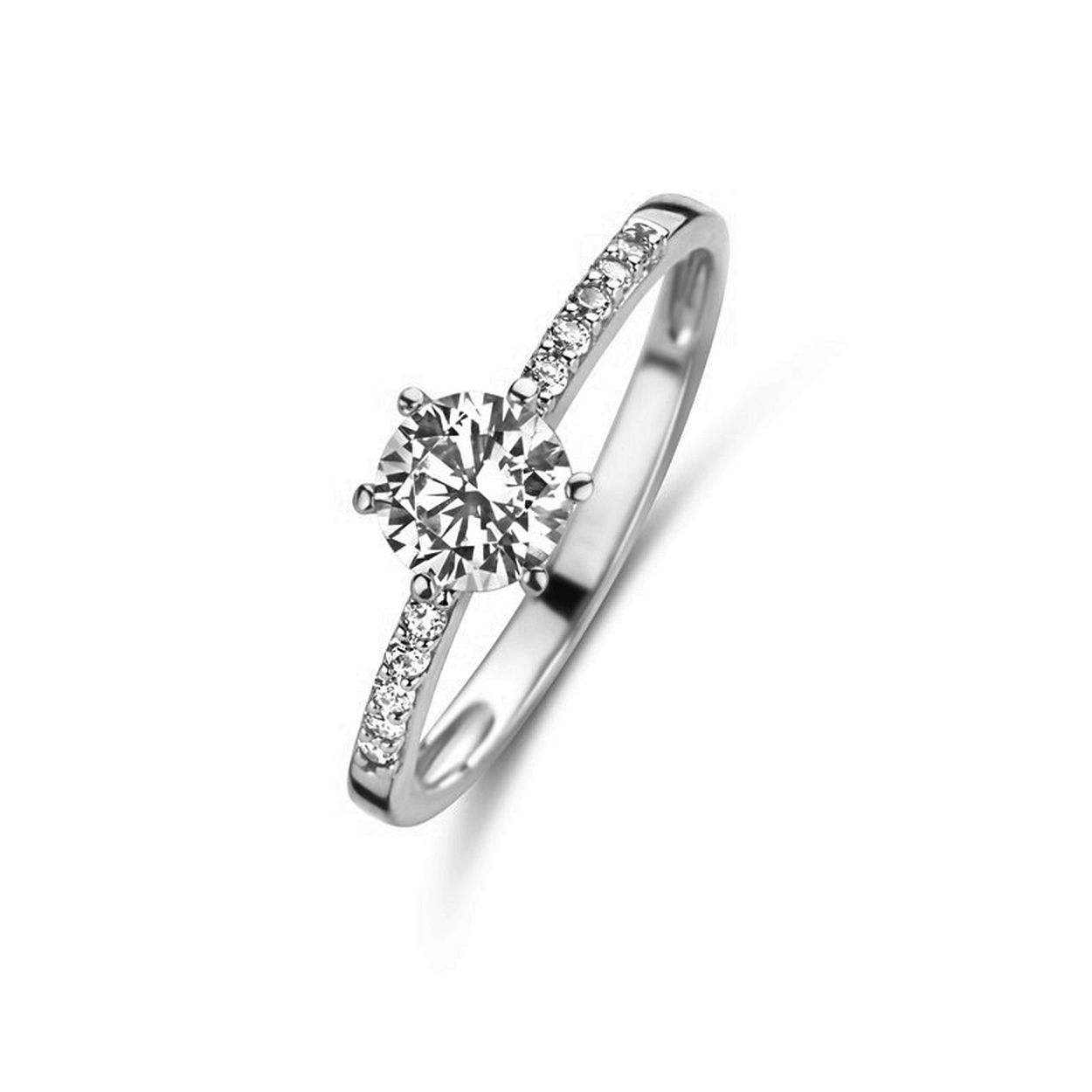 Wit gouden ring (18 kt) met centrale zirkonium steen en steentjes aan de zijkanten
Solitair model
Ook verkrijgbaar in geel goud
De prijs kan variëren naargelang de goudprijs