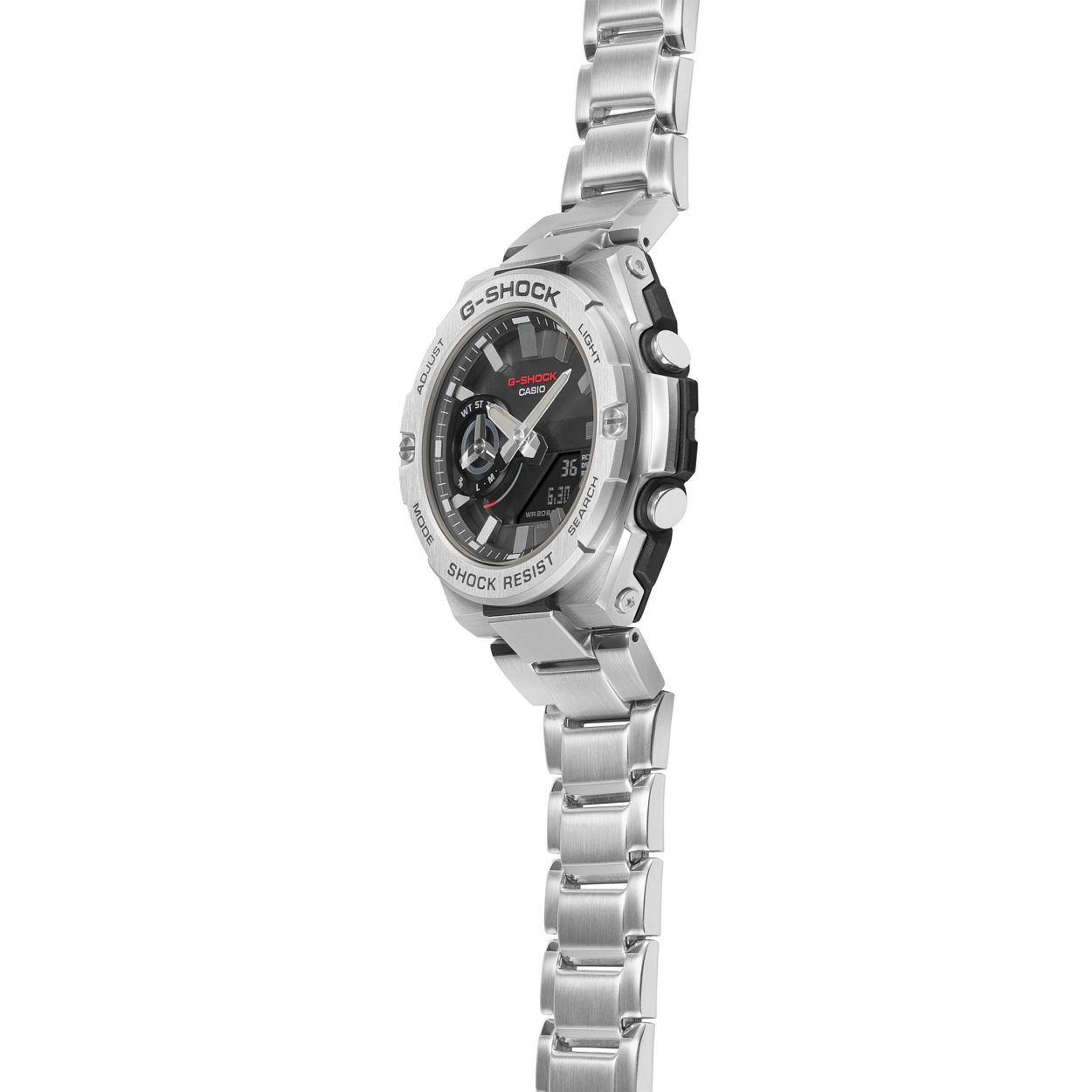 Dit is een Casio horloge uit de collectie G-SHOCK G-STEEL. 
Dit horloge heeft de volgende specificaties: 


Kasthoogte: 46.6 mm
Kastbreedte: 48.9 mm
Kastdikte: 12.8 mm

Band: 
Sluiting: Veiligheidssluiting
Bandmateriaal: Edelstalen armband

Overige specificaties: 
Gewicht: 143 gram
Glassoort: Mineraalglas
Waterdichtheid: Classificatie waterbestendigheid (20 bar)
5 alarmen per dag
Indicator batterijcapaciteit
Dubbele illuminator
Neo-display
Automatische kalender
12/24-uurs tijdweergave
Weergave van de dag in verschillende talen
Knopgeluiden aan/uit
Wijzer beweeg functie
Phone Finder
Schokbestendig
Bluetooth� Smart
Lichtenergie
Stopwatchfunctie - 1/100 sec. - 24 uur
Timer - 1/1 sec. - 1 uur
Wereldtijden
Batterij: CTL920
ACCURATIE: Smartphone Link