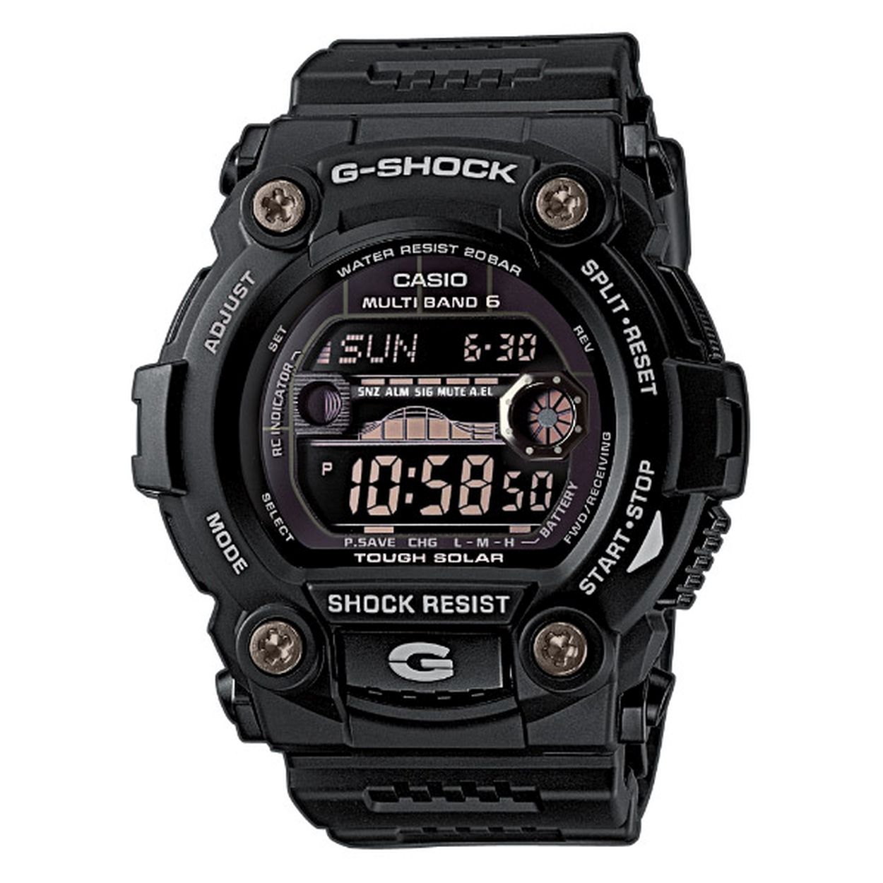 Dit horloge van Casio komt uit de collectie: G-SHOCK Classic. Dit horloge heeft de volgende functies: Volautomatische illuminator, 5 alarmen per dag, Automatische kalender, 12/24-uurs tijdweergave, Maanfasen, Getijdenindicator, Knopgeluiden aan/uit, Schokbestendig, Lichtenergie, Stopwatchfunctie - 1/100 sec. - 24 uur, Snoozefunctie, Snoozefunctie, Zendergestuurd (EU, USA, JPN, CHN), Wereldtijden