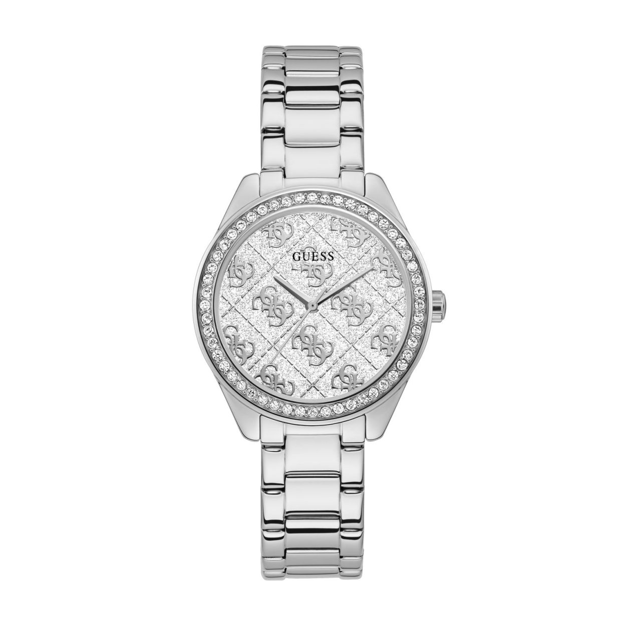 Dit zilverkleurige dames horloge uit de Sugar serie is echt een eyecatcher! De kastmaat is 37 mm en de lunet is voorzien van 52 schitterende kristallen, zowel de roestvrij stalen band als kast van het horloge zijn roestvrijstaal. De lichte wijzerplaat is voorzien van het GUESS G-twist logo. Model: GW0001L1.