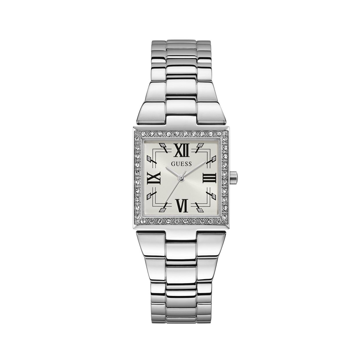 Dit zilverkleurige GUESS dames horloge uit de CHATEAU serie heeft een moderne uitstraling door de no-nonsense kleine 28mm goudkleurige kast met bijpassende klassieke schakelband. De luntet is bekleed met prachtige kristallen en de Roemeinse cijfers maken dit horloge een modebewuste parel.  model GW0026L1