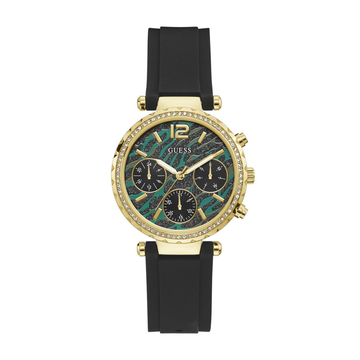 Dit geweldige dames model de Soliste GW0113L1 is een echte eye catcher de goudkleurige kast heeft een diamter van 37 mmi en heeft 72 kristallen op de lunet. De wijzerplaat heeft een Chrono look met dag, datum en uren aanduiding en is voorzien van tijger print, dit horloge heeft een zwart siliconen band met een goudkleurige gesp. De waterdichtheid is 3 ATM.