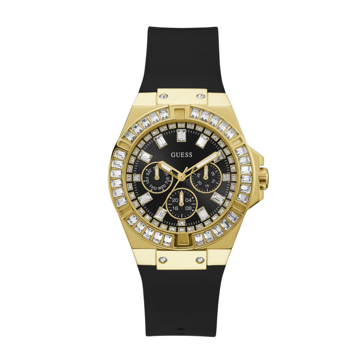 Dit schitterende Guess dames horloge uit de Venus serie GW0118L1 is een kenmerkend Guess model. De goudkleurige horlogekast is 39 mm en de lunet is gezet met baquette geslepen kristallen. Dit model heeft een zwarte wijzerplaat chrono look met dag datum en urenaanduiding, voorzien van 9 baquette geslepen kristallen. Kortom een ware sportieve eyecatcher. verder is dit model voorzien van een zwarte siliconen band met goudkleurige gesp en de waterdichtheid is 3 ATM.
