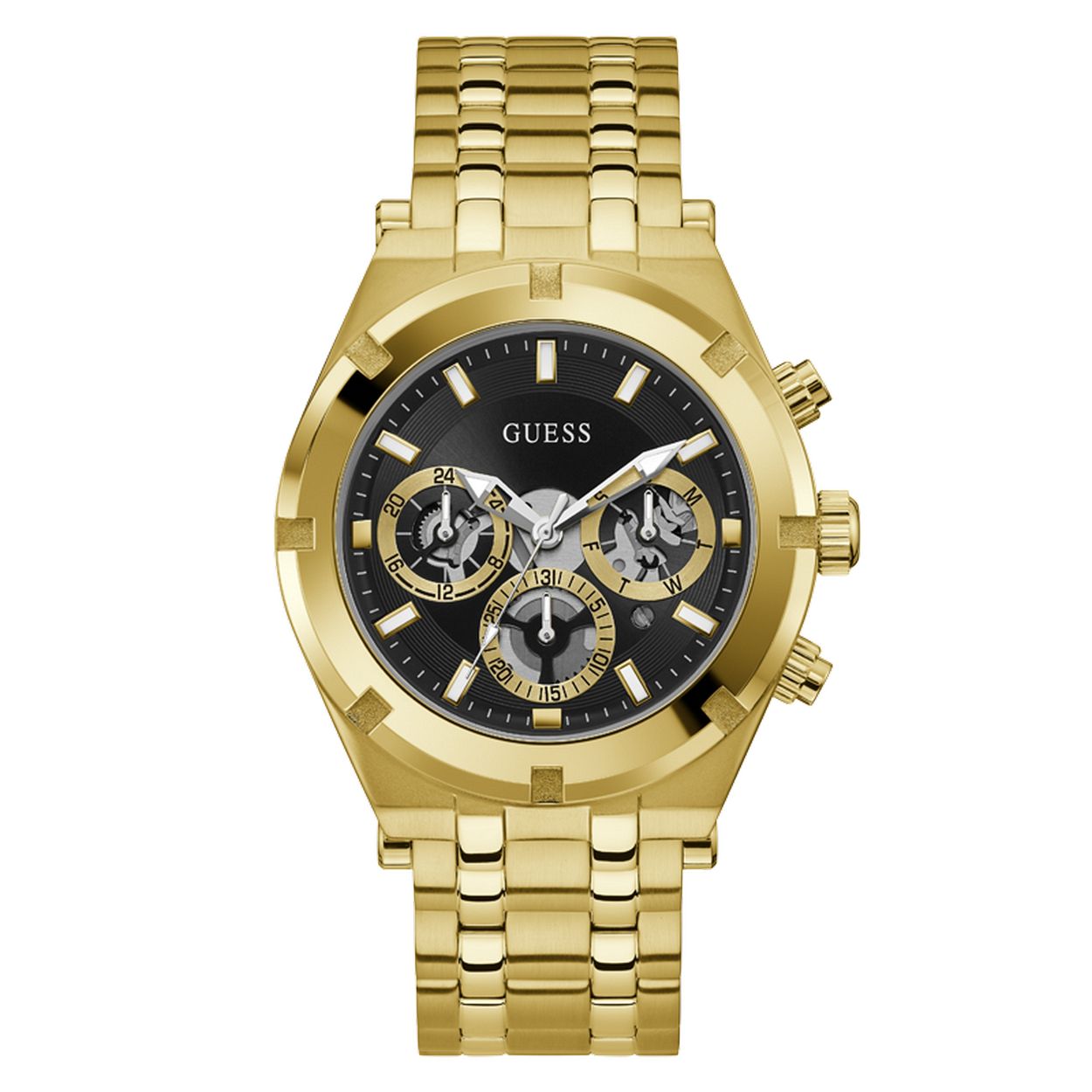 Herenhorloge met zwarte wijzerplaat ingelegd met drie chronografen en een goudkleurige roestvrije stalen schakelband. 