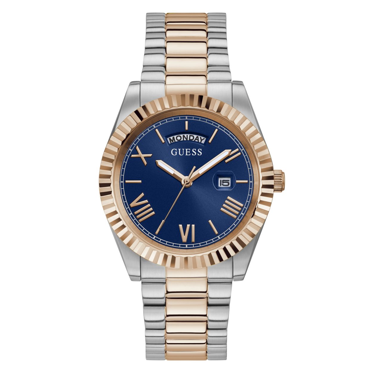 Dit Guess horloge voor heren is een trendy en stijlvolle toevoeging aan elke outfit. Het zilver- en rose goudkleurige ontwerp geeft het horloge een luxe uitstraling, terwijl de blauwe wijzerplaat zorgt voor een opvallend accent. Dankzij de dag-datum aanduiding ben je altijd op de hoogte van de juiste datum en dag van de week.