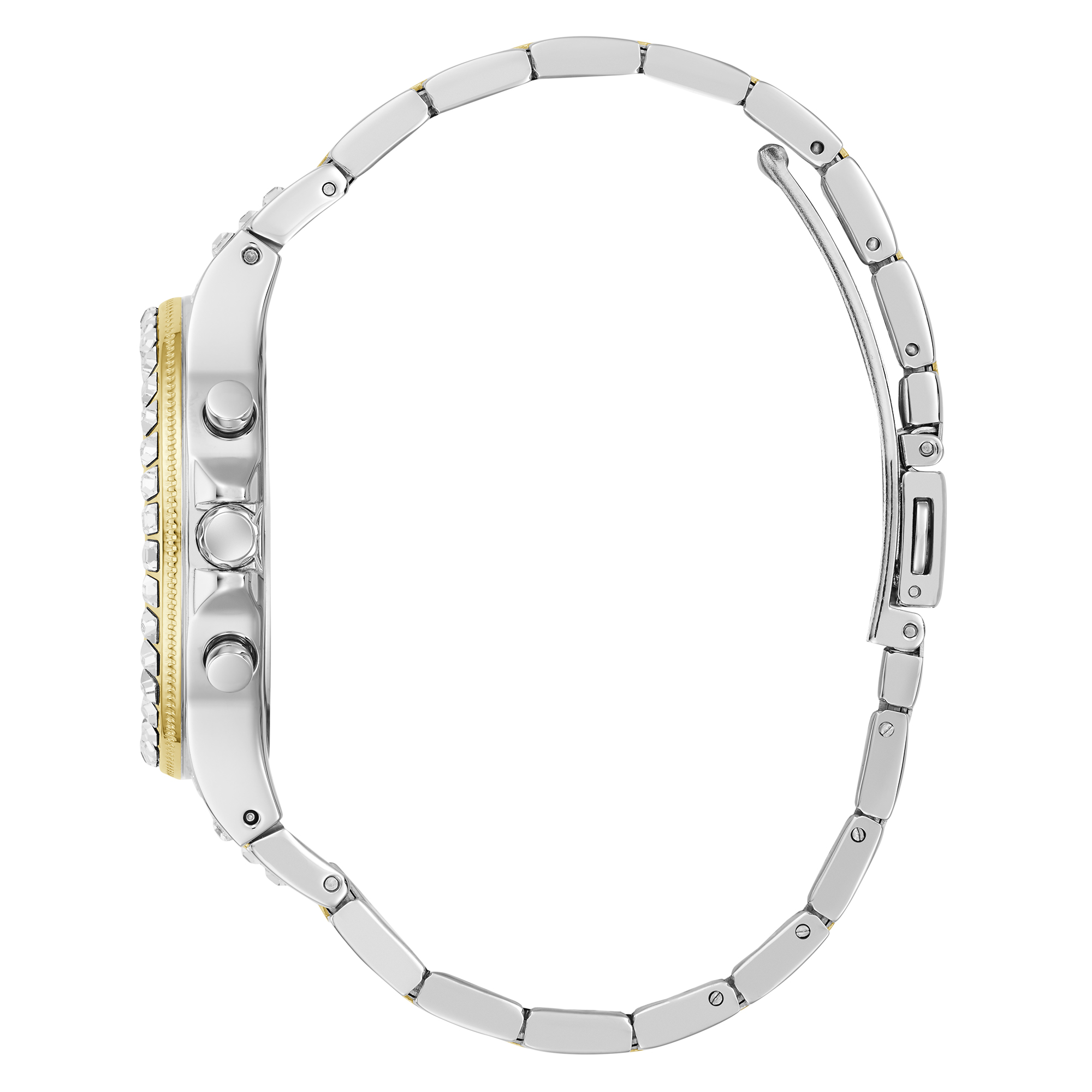 De bicolor versie van de besteller van Guess Watches, dit sprankelende model uit de Moonlight serie. Dit multifunction horloge leest naast de tijd ook dag, datum en 24 uurs aanduiding af. De diameter van de kast is 36 mm en de bicolor schakelband sluit middels een vouwsluiting.