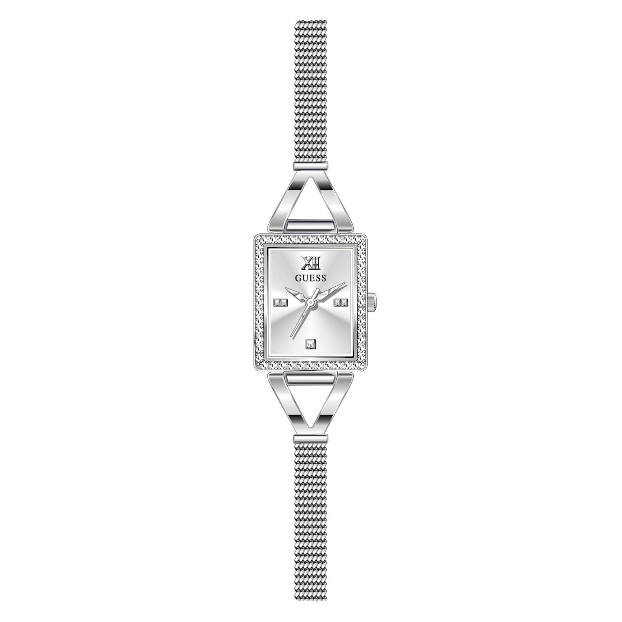De fijne mesh horlogeband van dit luxe model uit de GRACE serie van Guess Watches, maakt van dit horloge bijna een sieraad. Dit tonneau model is rondom gezet met kristallen en afgedekt met mineraalglas voor een heldere look. De goudkleurige wijzers zijn voorzien van een Super-LumiNova coating.