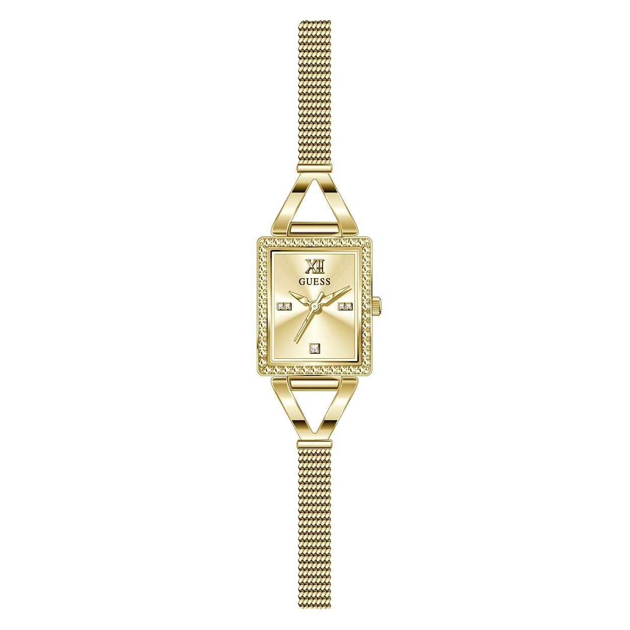 De fijne mesh horlogeband van dit luxe model uit de GRACE serie van Guess Watches, maakt van dit horloge bijna een sieraad. Dit tonneau model is rondom gezet met kristallen en afgedekt met mineraalglas voor een heldere look. De zilverkleurige wijzers zijn voorzien van een Super-LumiNova coating.
