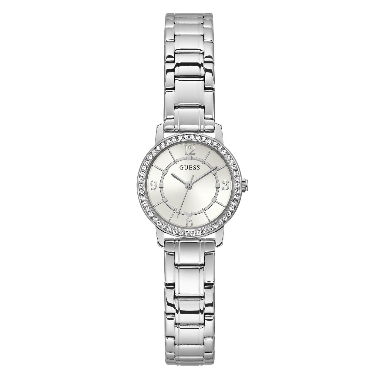 Dit elegante dameshorloge uit de MELODY collectie van Guess Watches is een tijdloze klassieker. De subtiele details op de zilvere wijzerplaat geven het horloge een elegante twist. Dit model is uitgevoerd met klassieke schakelband en is afgedekt met mineraalglas voor een heldere look. Het horloge is tot 3 ATM waterdicht en de diameter van de kast is 28 mm.