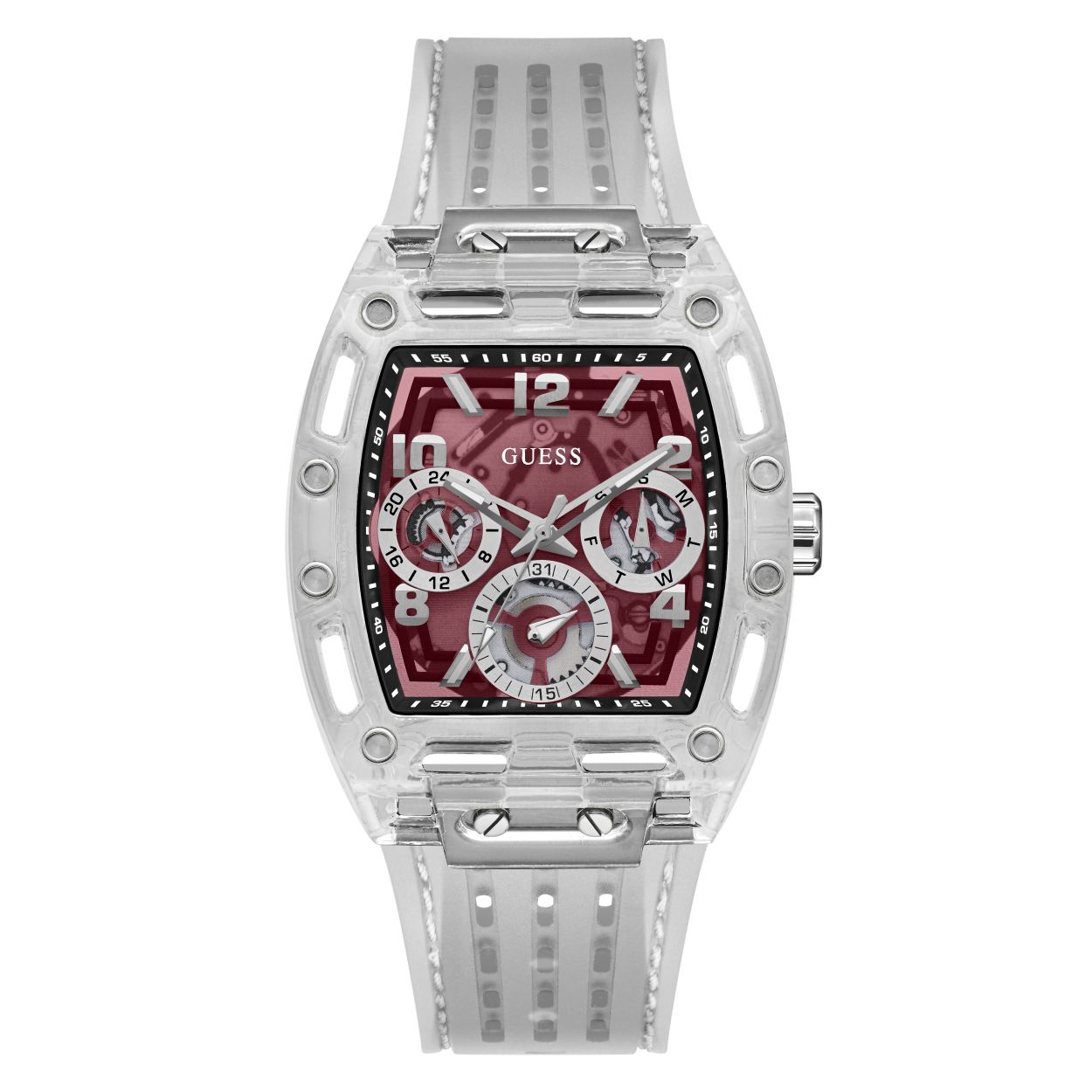 De Phoenix tonneau horloge van Guess Watches is een stijlvolle toevoeging aan de horlogecollectie van heren. Het horloge heeft een moderne uitstraling en is voorzien van een siliconen transparante band die comfortabel om de pols zit. De bordeaux skeleton wijzerplaat is een opvallend detail en geeft het horloge een uniek karakter. De tonneau vorm van de kast zorgt er bovendien voor dat het horloge net iets anders is dan standaard horloges. Al met al is de Phoenix tonneau horloge een prachtig accessoire dat perfect past bij zowel casual als meer formele outfits.