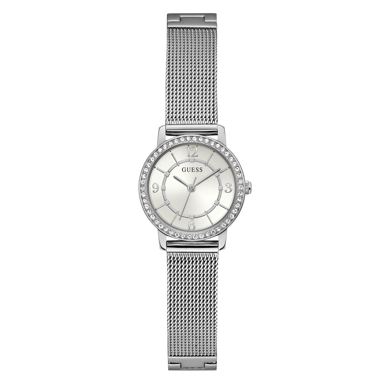 Dit elegante zilvere dameshorloge uit de MELODY collectie van Guess Watches is een tijdloze klassieker met een twist. De subtiele details op de zilvere wijzerplaat zijn omringd door een lunet met schitterende kristallen. Dit model is uitgevoerd met een moderne mesh band en is afgedekt met mineraalglas voor een heldere look. Het horloge is tot 3 ATM waterdicht en de diameter van de kast is 28 mm.