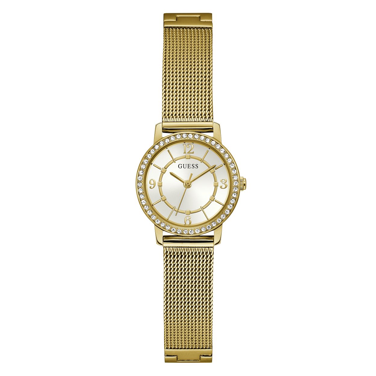 Dit elegante goudkleurige dameshorloge uit de MELODY collectie van Guess Watches is een tijdloze klassieker met een twist. De subtiele details op de zilvere wijzerplaat zijn omringd door een lunet met schitterende kristallen. Dit model is uitgevoerd met een moderne mesh band en is afgedekt met mineraalglas voor een heldere look. Het horloge is tot 3 ATM waterdicht en de diameter van de kast is 28 mm.