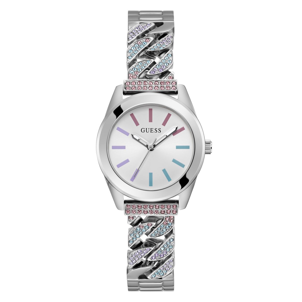 Dit Serena horloge van Guess Watches is een prachtige toevoeging aan elke outfit. De analoge wijzerplaat zorgt voor een klassieke uitstraling, terwijl de schakelband het horloge een moderne touch geeft. De multi-colored kristallen voegen een vleugje glamour toe en maken het horloge een echte eyecatcher