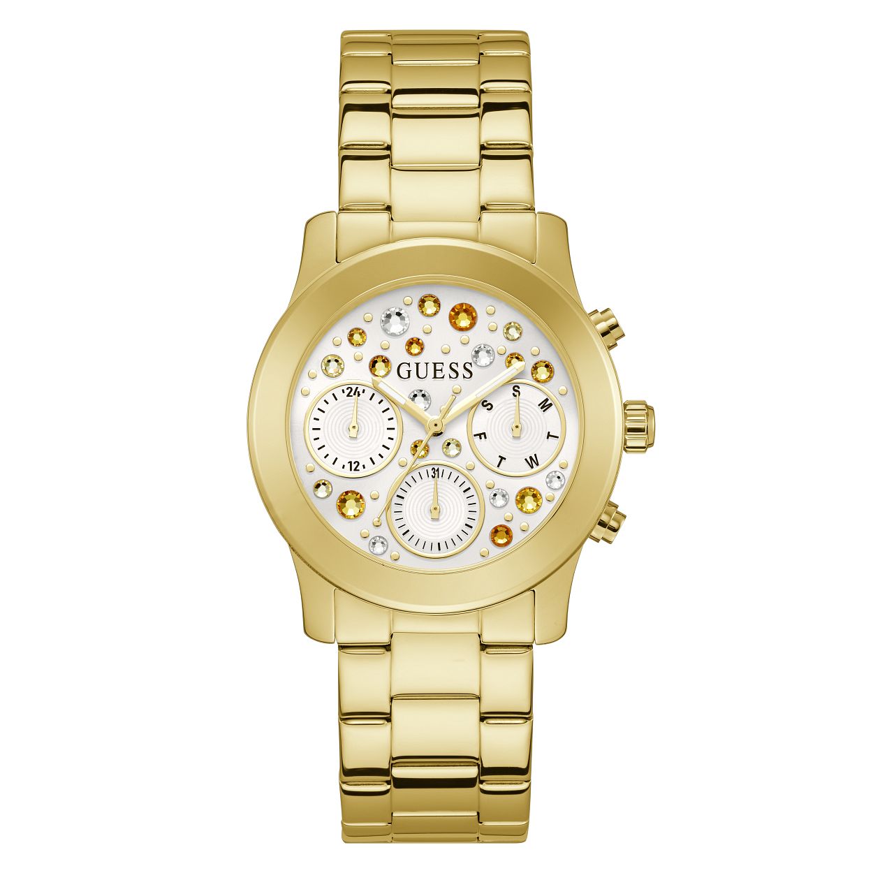 Val op met dit vrolijke horloge uit de FANTASIA collectie van Guess Watches. Dit model heeft een chronolook wijzerplaat gezet met multicolored zirkonia stenen. Het horloge heeft  dag, datum en 24 uursaanduiding en de goudkleurige band sluit middels een druksluiting.