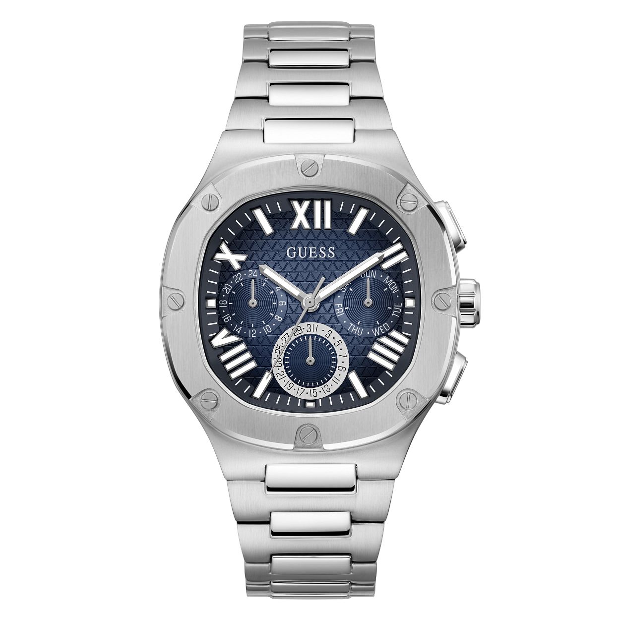 Dit stoer en stijlvole herenhorloge uit de Guess Watches collectie valt op door zijn moderne vierkante design en is makkelijk te combineren met iedere stijl. De kast heeft een diameter van 42 mm en de bijzondere donkereblauwe wijzerplaat met motief maken dit horloge uniek. De dag/datum notering van deze chrono look geven het geheel extra klasse en vorm. De zilvere gepolijst- en geborstelde schakelband geeft dit horloge een stoere touch. Dit model is tot 5 ATM waterdicht.