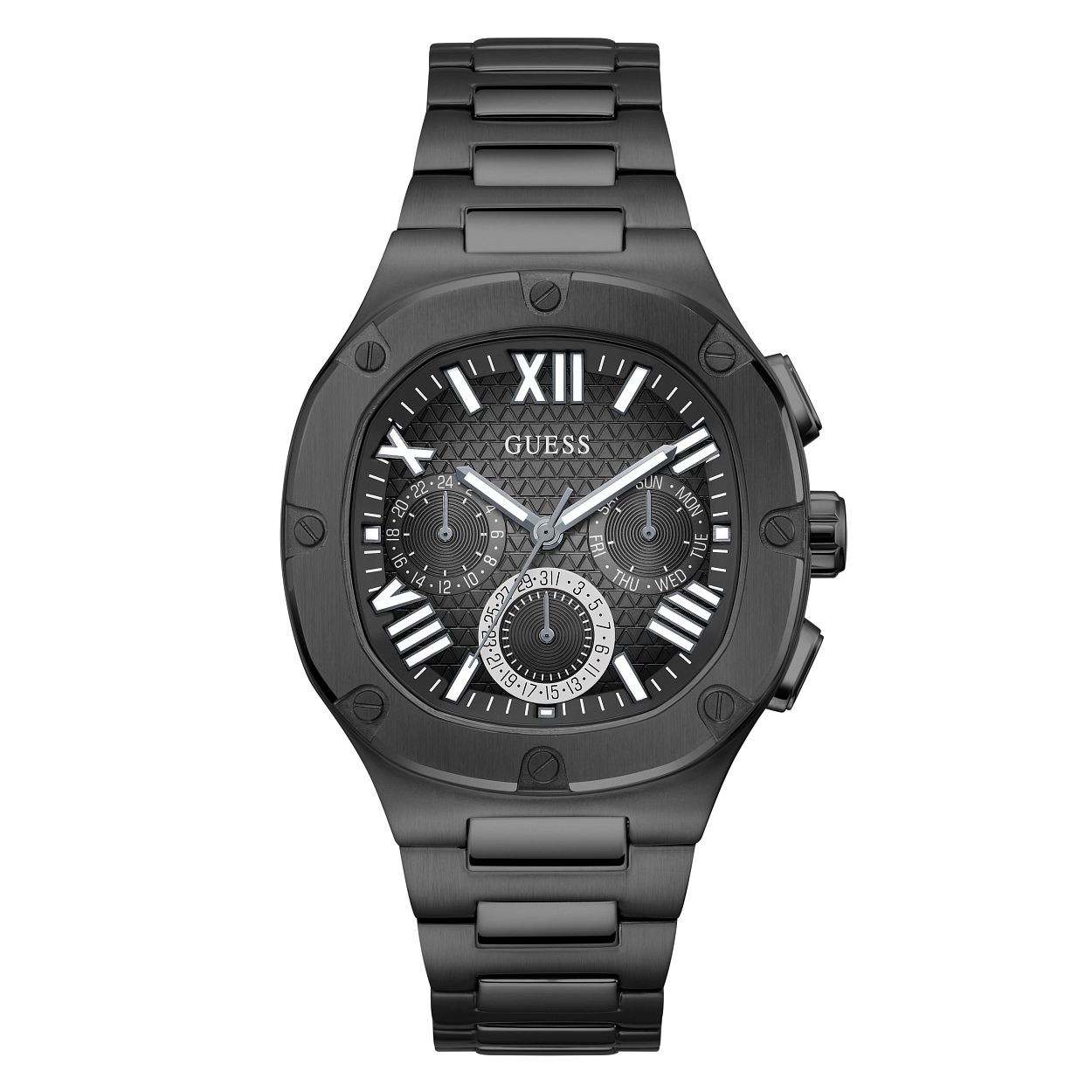 Dit stoer en stijlvole volledig zwarte herenhorloge uit de Guess Watches collectie valt op door zijn moderne vierkante design en is makkelijk te combineren met iedere stijl. De kast heeft een diameter van 42 mm en de bijzondere wijzerplaat met motief maken dit horloge uniek. De dag/datum notering van deze chrono look geven het geheel extra klasse en vorm. De gepolijst- en geborstelde schakelband geeft dit horloge een stoere touch. Dit model is tot 5 ATM waterdicht.