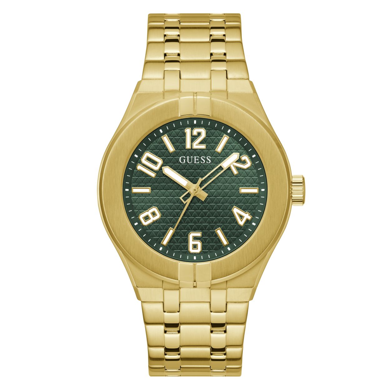 Dit goudkleurige Guess Watches horloge voor heren is een echte eye-catcher. De wijzerplaat heeft donkergroen blok patroon met gouden wijzers en Arabische cijfers. De goudkleurige schakelband zorgt ervoor dat het horloge gemakkelijk te combineren is met verschillende outfits.