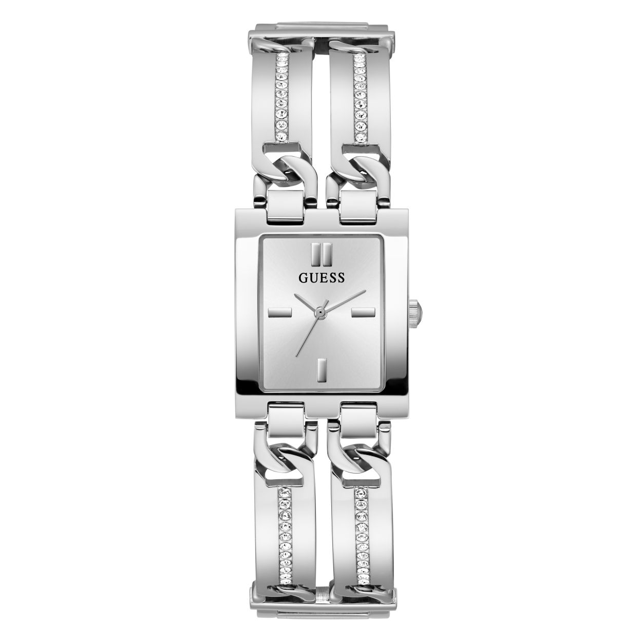 Zilverkleurig Guess Watches horloge voor dames. Dit MOD ID model met dubbele schakelband en rechthoekige kast is een tijdloos stuk dat elke outfit compleet maakt. De wijzerplaat en clean lunet zijn minimalistisch en stijlvol.  De horlogekast is gemaakt van duurzaam roestvrij staal en is 3 ATM waterbestendig, waardoor het perfect is voor dagelijks gebruik.