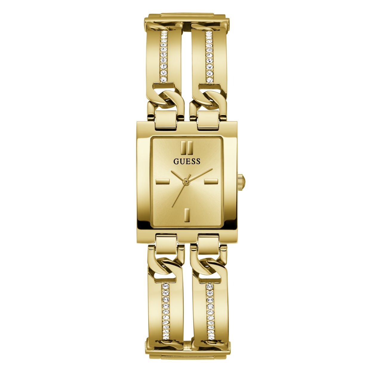 Goudkleurig Guess Watches horloge voor dames. Dit MOD ID model met dubbele schakelband en rechthoekige kast is een tijdloos stuk dat elke outfit compleet maakt. De wijzerplaat en clean lunet zijn minimalistisch en stijlvol.  De horlogekast is gemaakt van duurzaam roestvrij staal en is 3 ATM waterbestendig, waardoor het perfect is voor dagelijks gebruik.