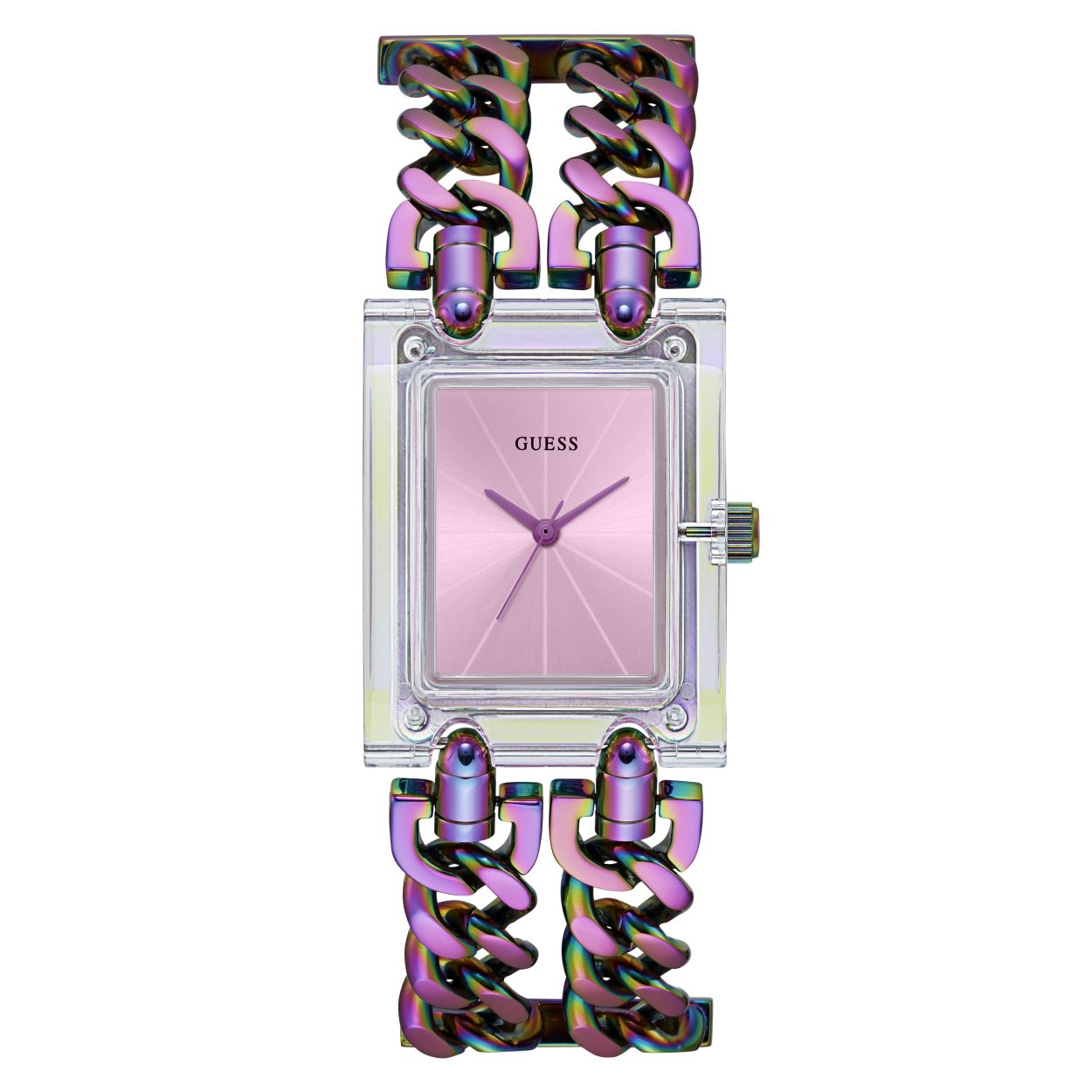 Iridescent Guess Watches horloge voor dames. Dit MOD HEAVY METAL heeft een stoere uitstraling met de dubbele schakelband en de transparante kast. Een clean design met een lila wijzerplaat, makkelijk te combineren door de verschillende kleuren van het horloge.