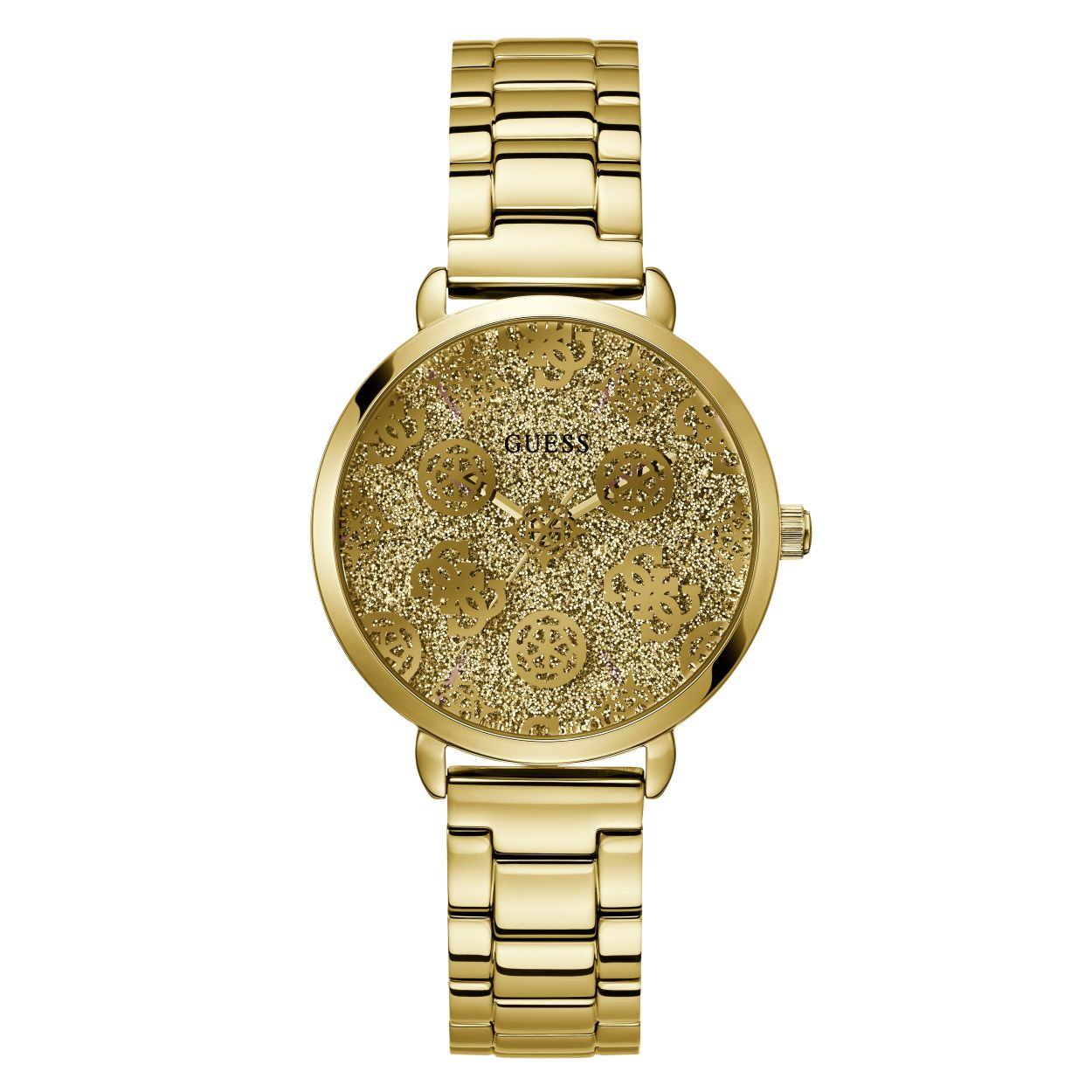 Dit goudkleurige horloge is perfect voor vrouwen die houden van een subtiele bling in hun accessoires. De opvallende glitter wijzerplaat voegt een vleugje glamour toe aan elke outfit en de stoere schakelband zorgt voor een moderne touch. Met het herkenbare 4-G logo van GUESS is dit horloge een echte eye-catcher.
