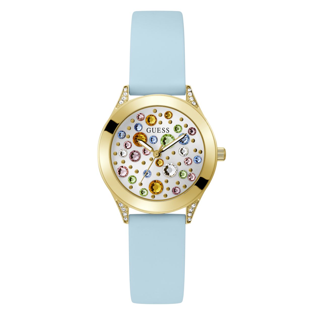 Guess Watches horloge voor dames. Dit MINI WONDERLUST model van GUESS is een vrolijke toevoeging aan jouw sieraden collectie. Met een lichtblauwe siliconen band en een multi-colored wijzerplaat door de verschillende gekleurde kristallen.  De gladde goudkleurige lunet maakt dit model helemaal af.