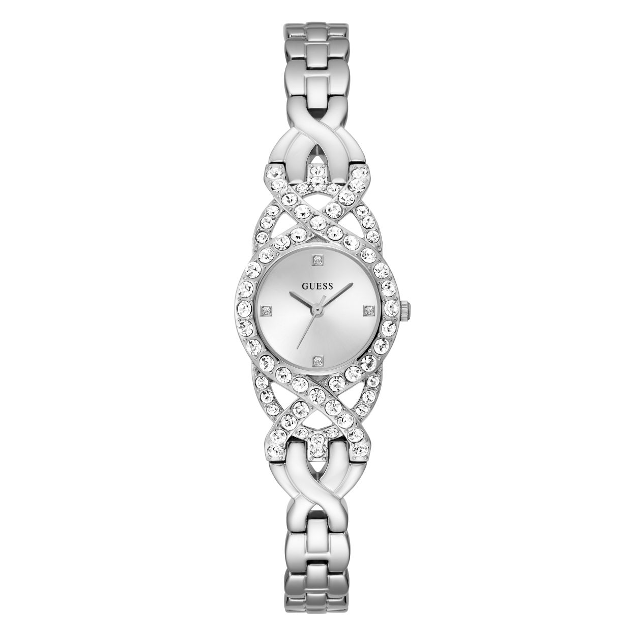 Zilverkleurig horloge uit de ADORN collectie van Guess Wathces. Een waar sieraad voor om de pols, dit subtiele model met een diameter van 23 mm is super vrouwelijk en elegant. De  gevlochten band gezet met kristallen maken dit horloge een ware eye-catcher.