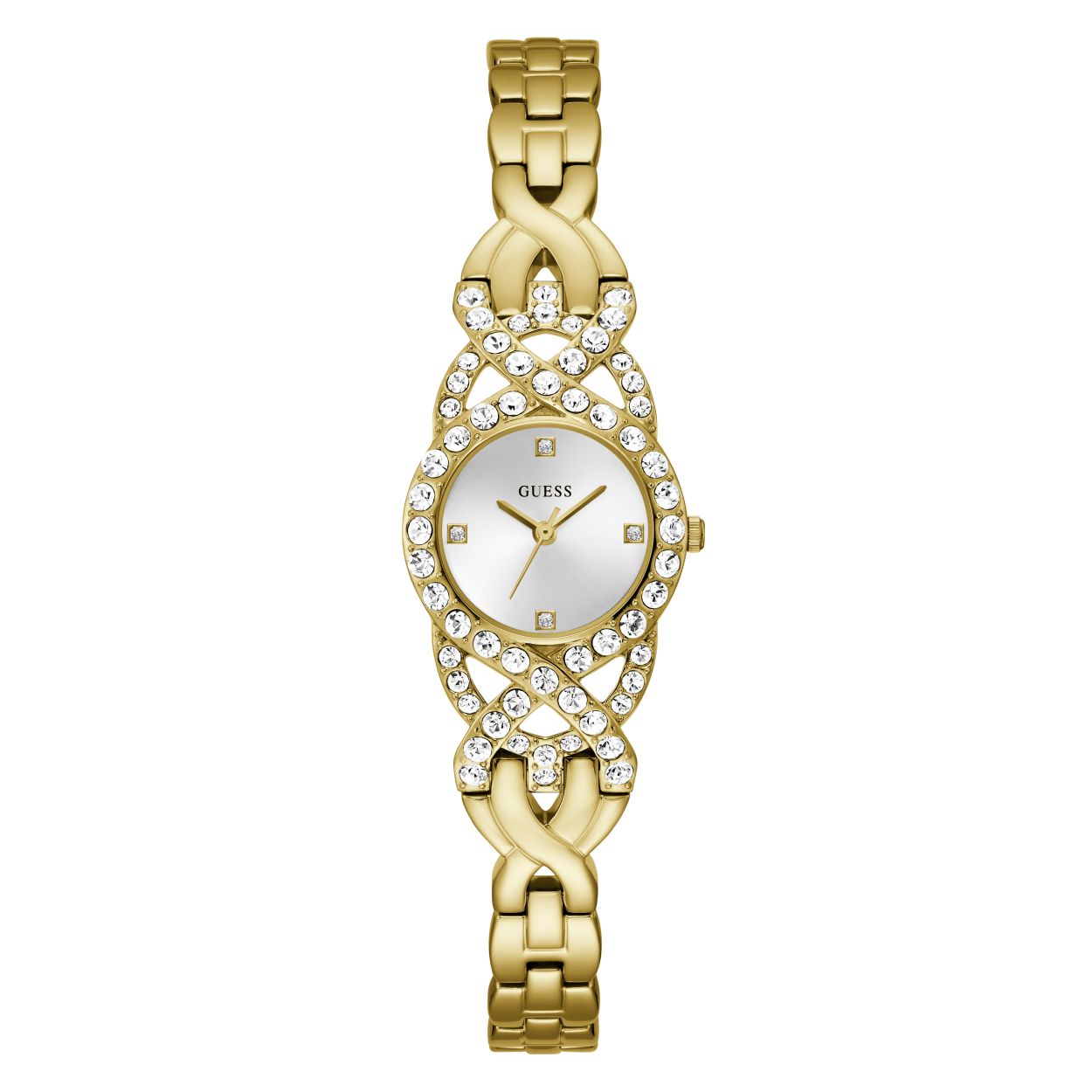 Goudkleurig horloge uit de ADORN collectie van Guess Wathces. Een waar sieraad voor om de pols, dit subtiele model met een diameter van 23 mm is super vrouwelijk en elegant. De  gevlochten band gezet met kristallen maken dit horloge een ware eye-catcher.